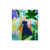 African Safari, Colorful Tropical Jungle Travel, Botanical Watercolor, Blonde Woman with a Leopard (Print Only) thumbnail
