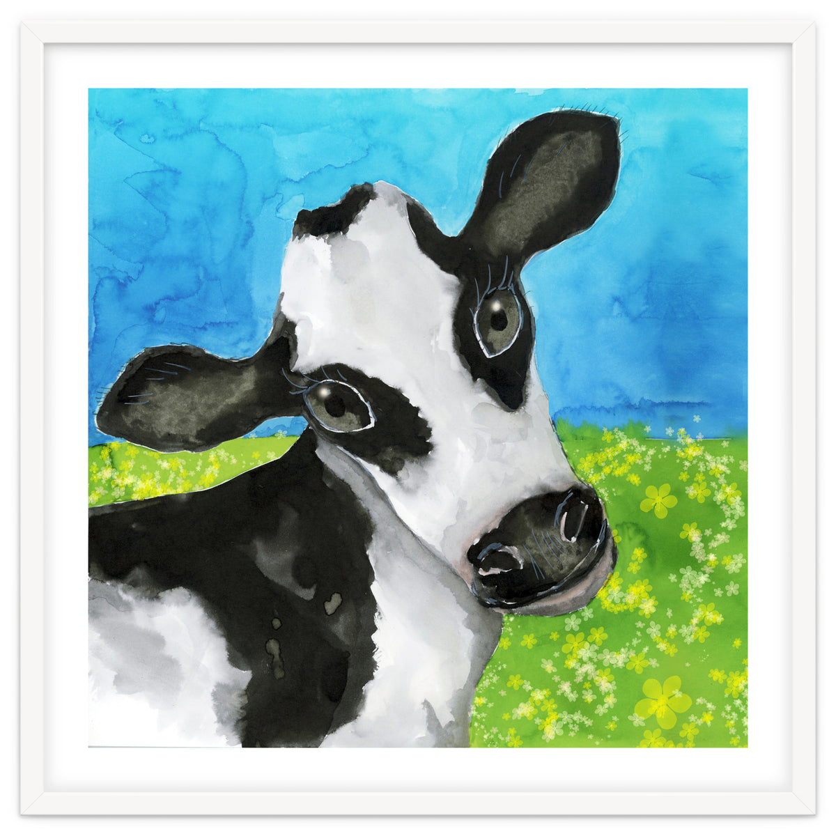 Cow in the meadow watercolor