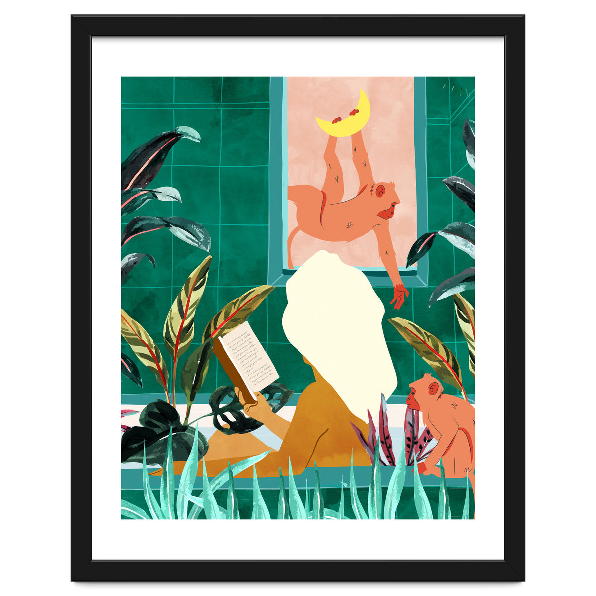 Urban Jungle Bath | Tropical Modern Bohemian Woman Bathtub | Pet Monkey Wild Animals Moon Watercolor