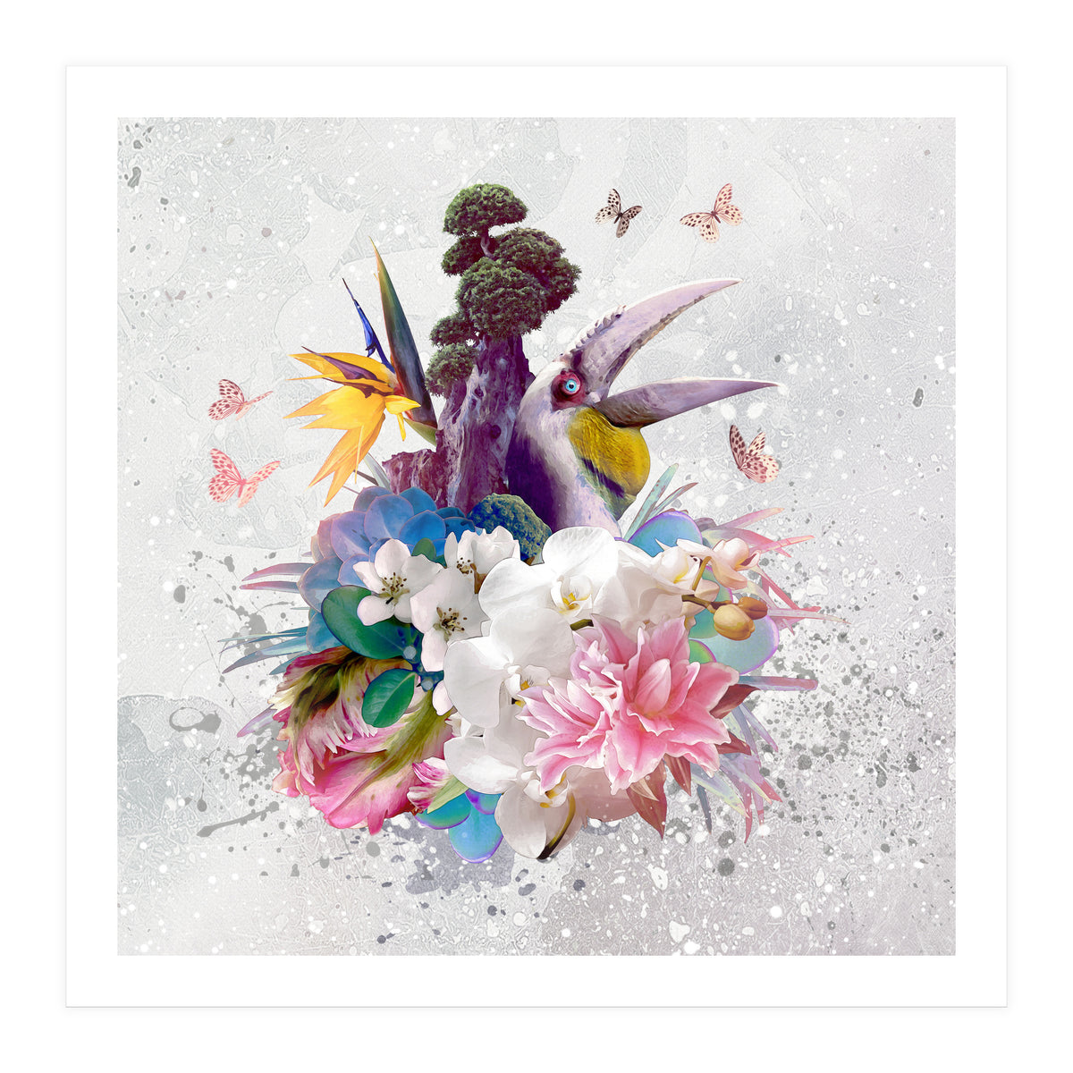 Floral Hornbill Grey  (Print Only)