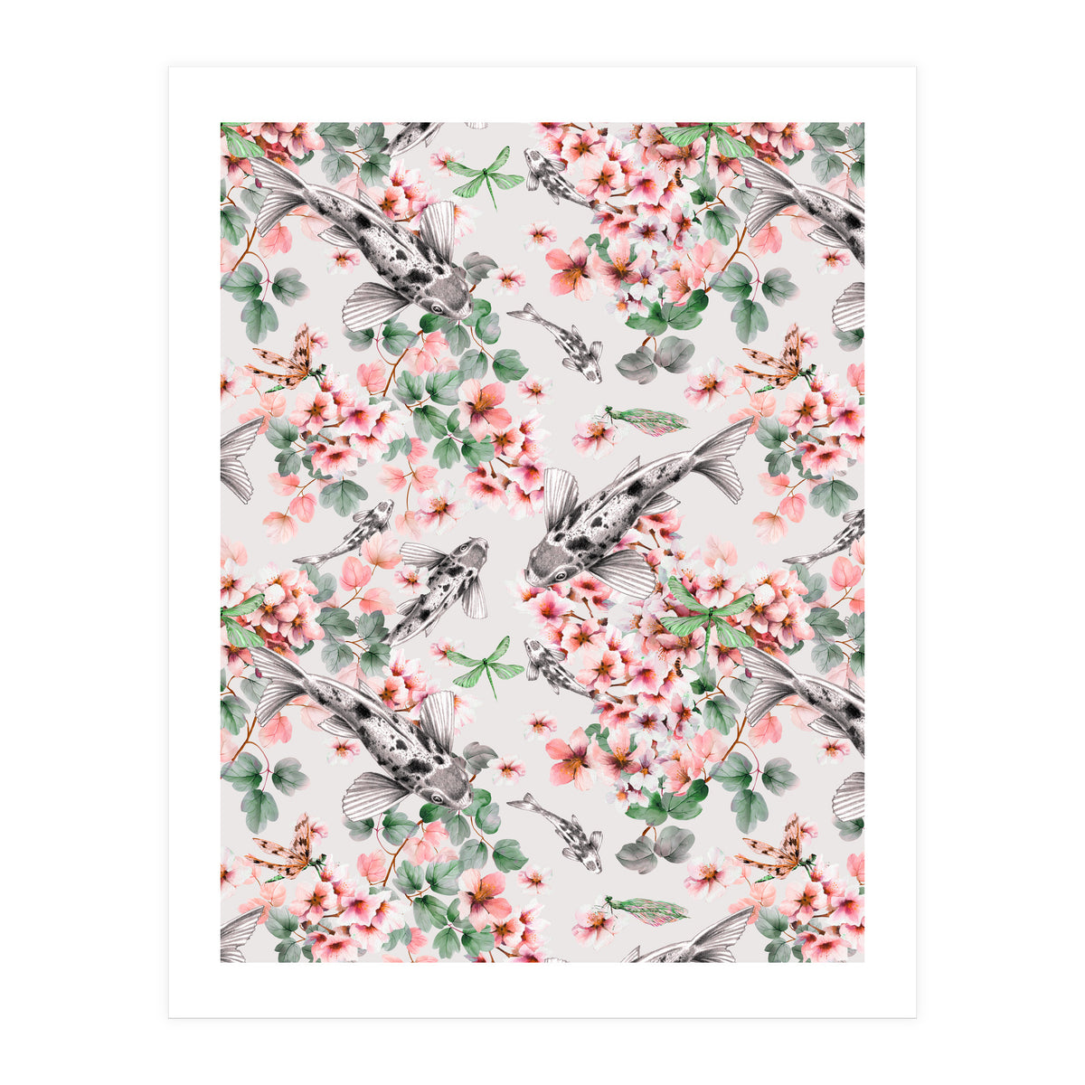Asian fish among flowers (Print Only)