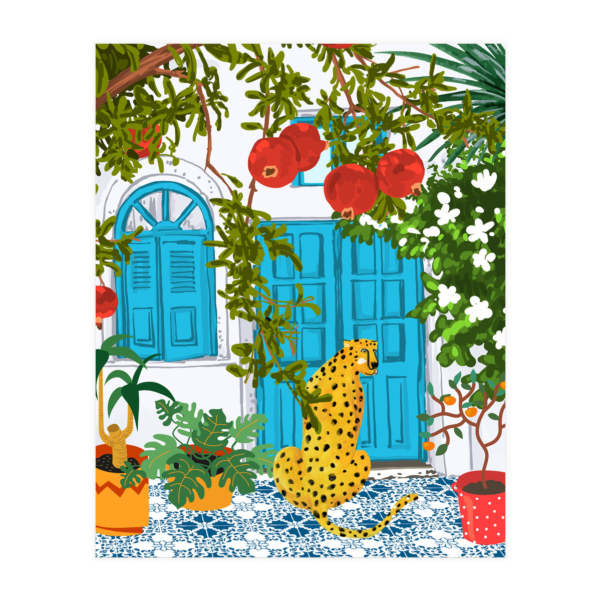 Cheetah Home, Morocco Architecture Illustration, Greece Cats Tropical Urban Jungle Pomegranate  (Print Only)