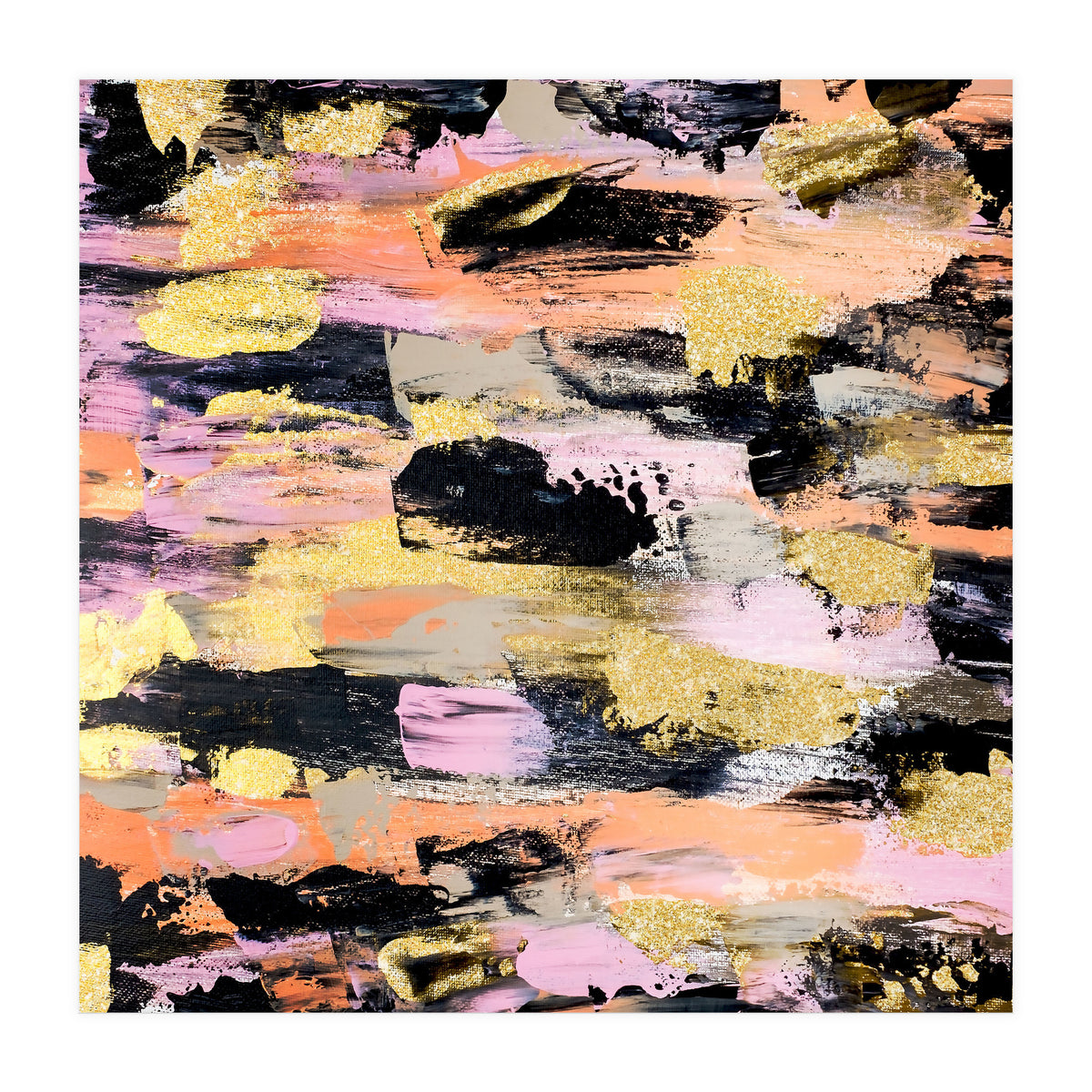 Modern Abstract Black Pink Salmon Gold Acrylic Brushstrokes Paint (Print Only)