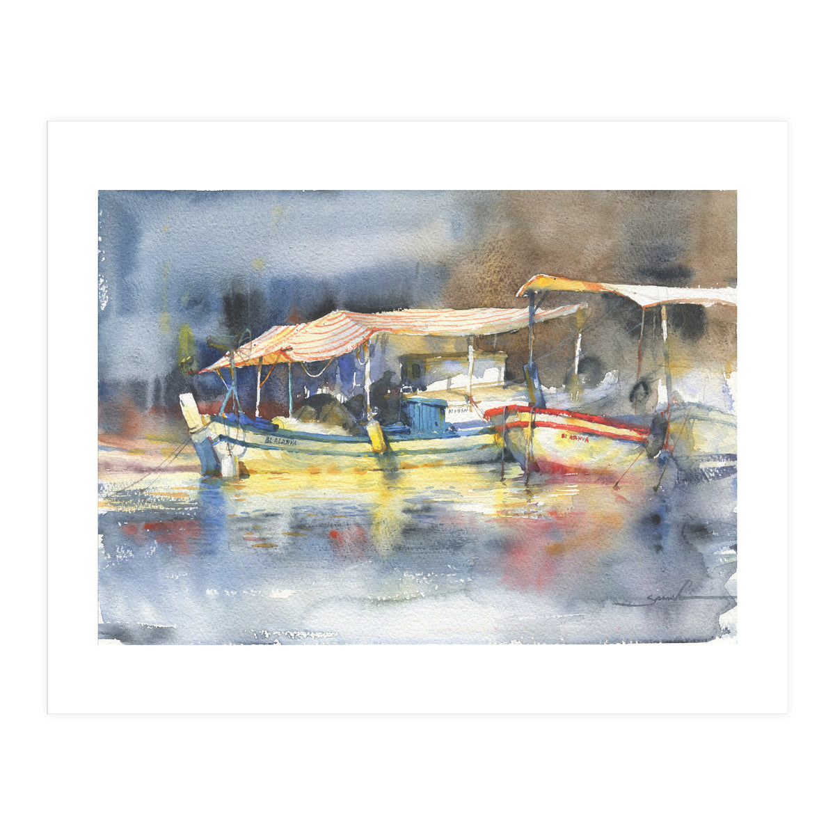 Yachts in the port. Watercolor art (Print Only)