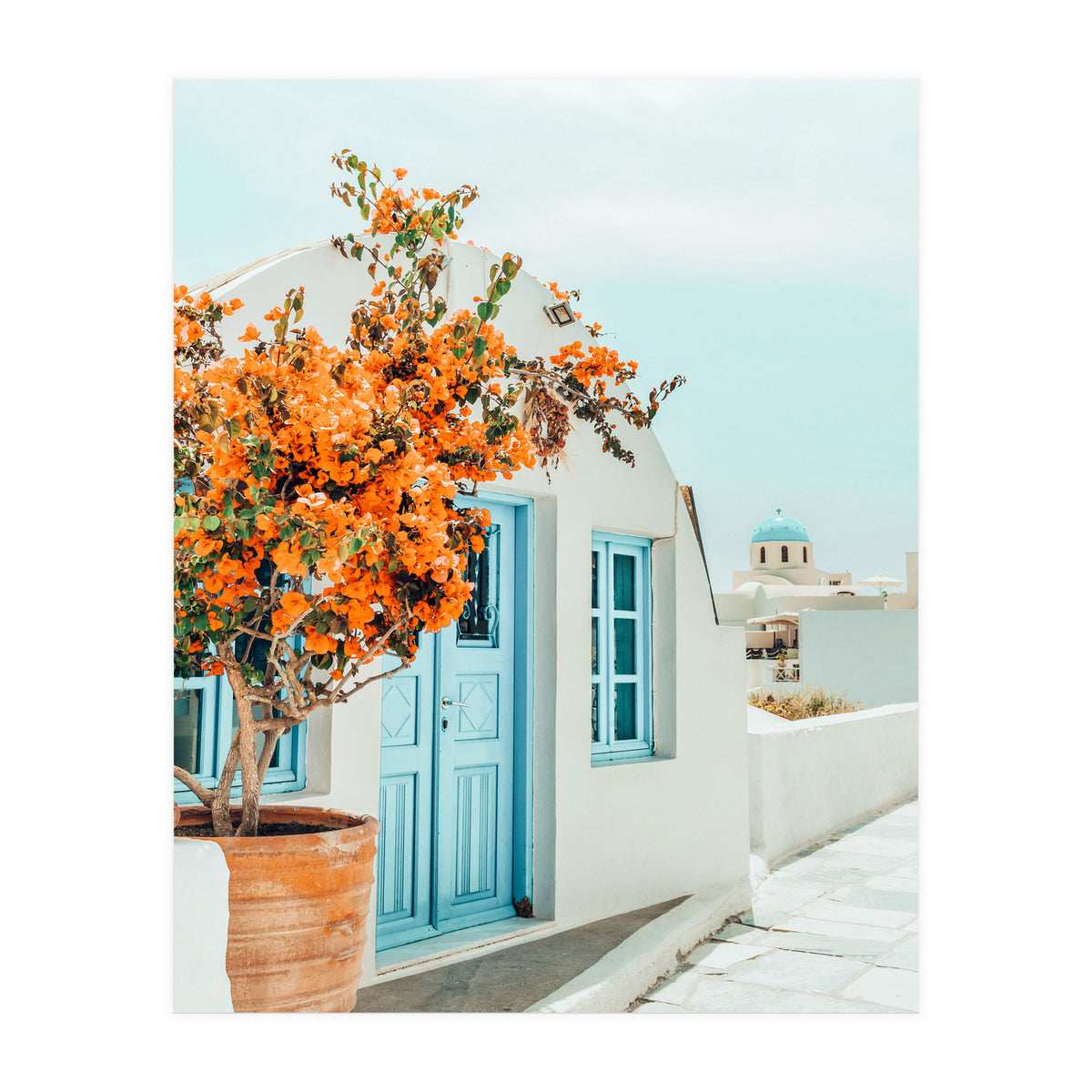 Greece Airbnb, Greece Photography Travel Digital Art, Scenic Landscape Architecture, White Building (Print Only)