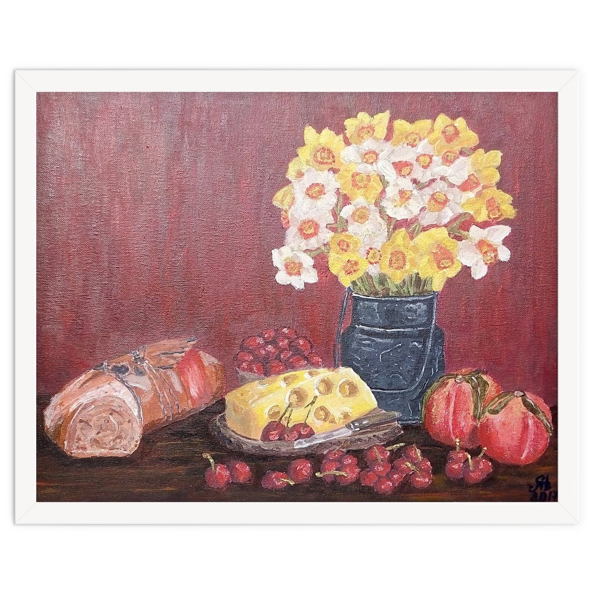 Still life with cheese, daffodils on a red background.