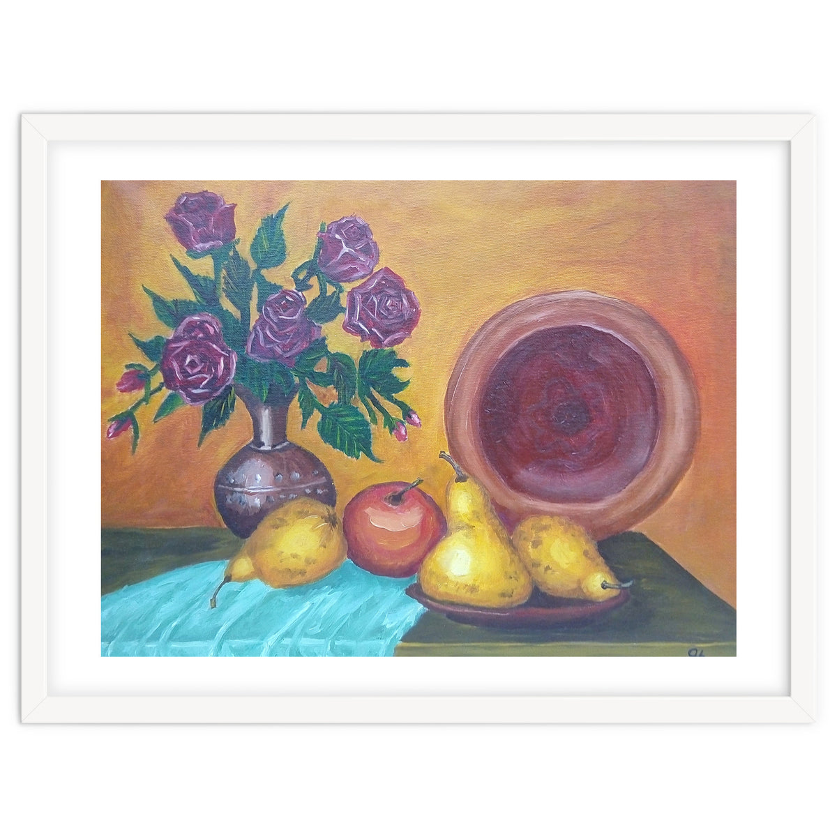 Still life with pears, roses and a dish.