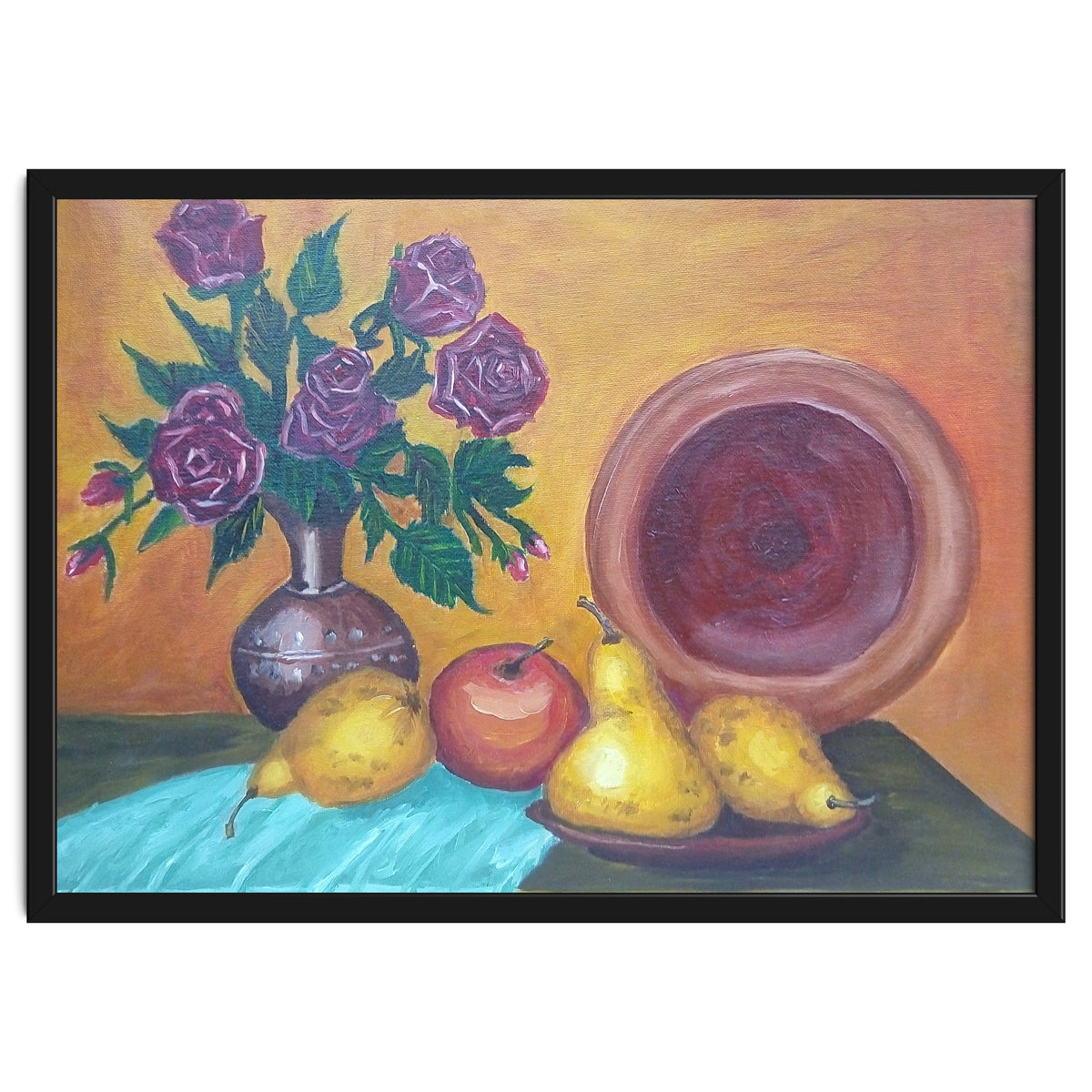 Still life with pears, roses and a dish.