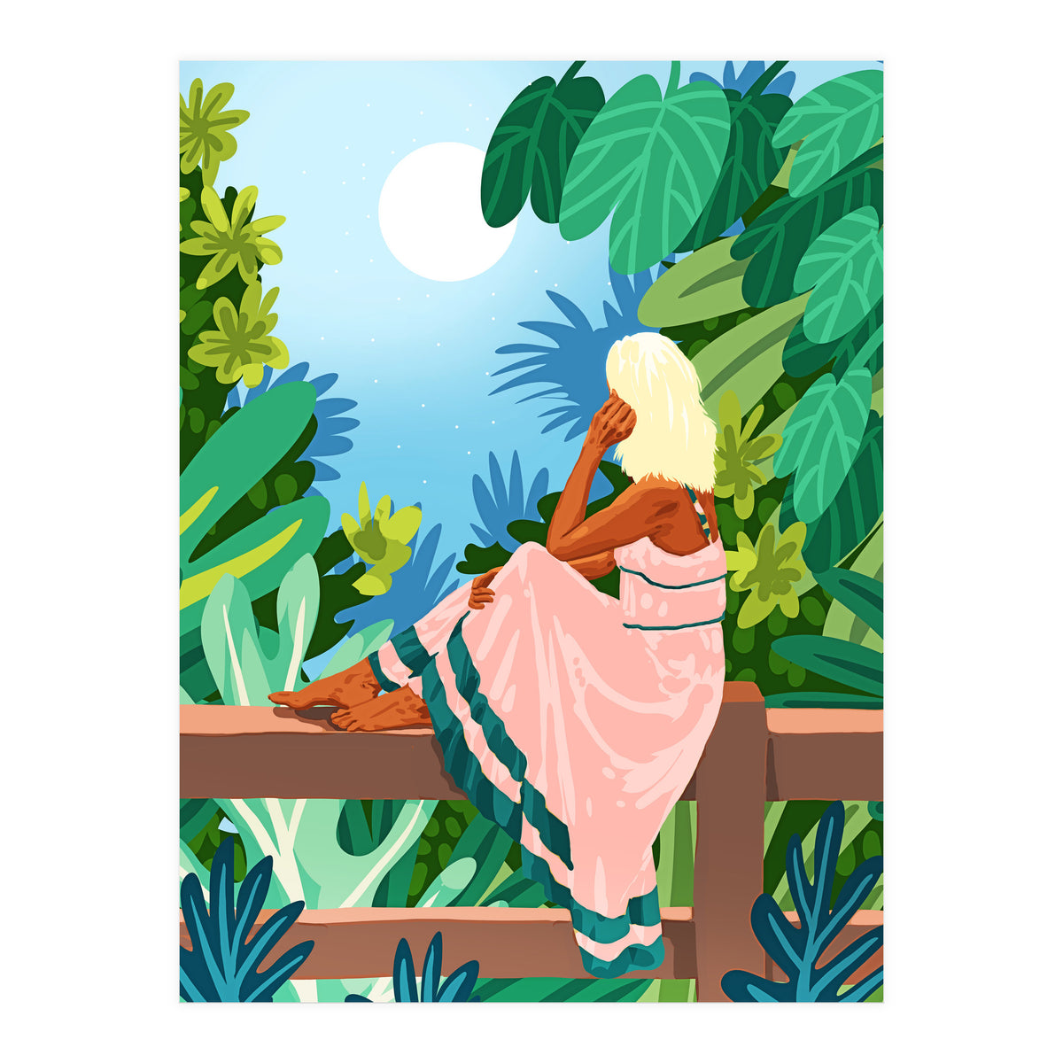 Forest Moon, Bohemian Woman Jungle Nature Tropical Colorful Travel Fashion Illustration (Print Only)
