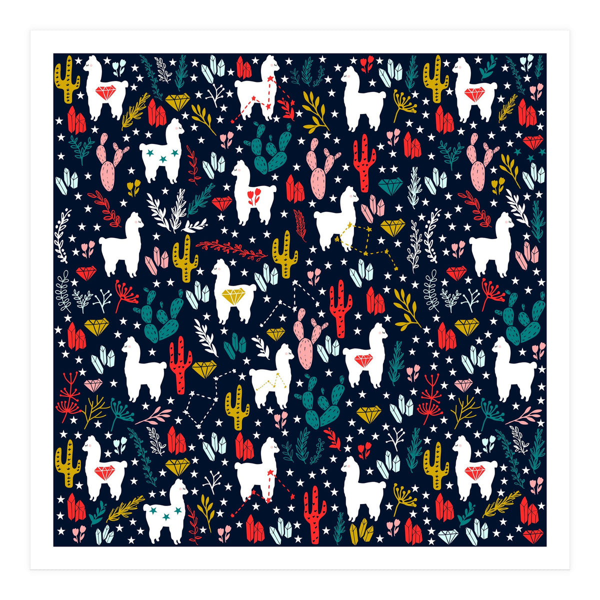 Cute Alpaca Pattern with Cacti, Stars and Crystals (Print Only)