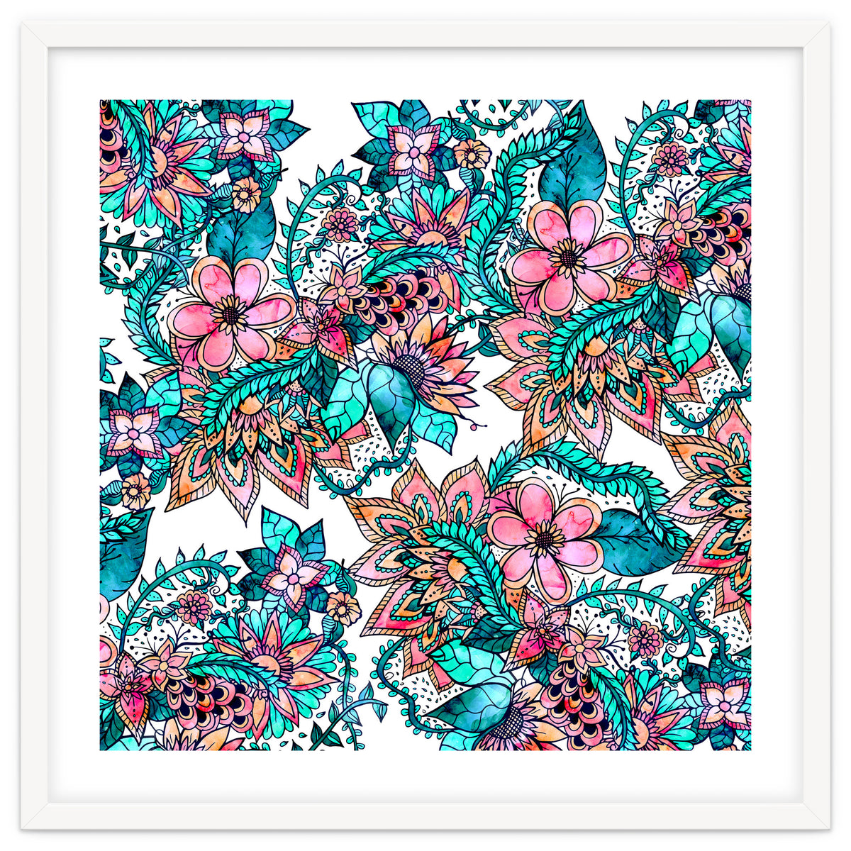 Boho turquoise pink floral watercolor illustration