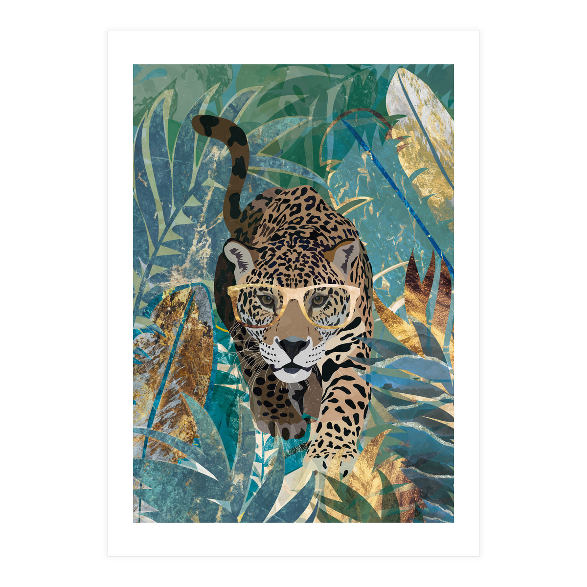 Jaguar in the gold and green tropical jungle (Print Only)