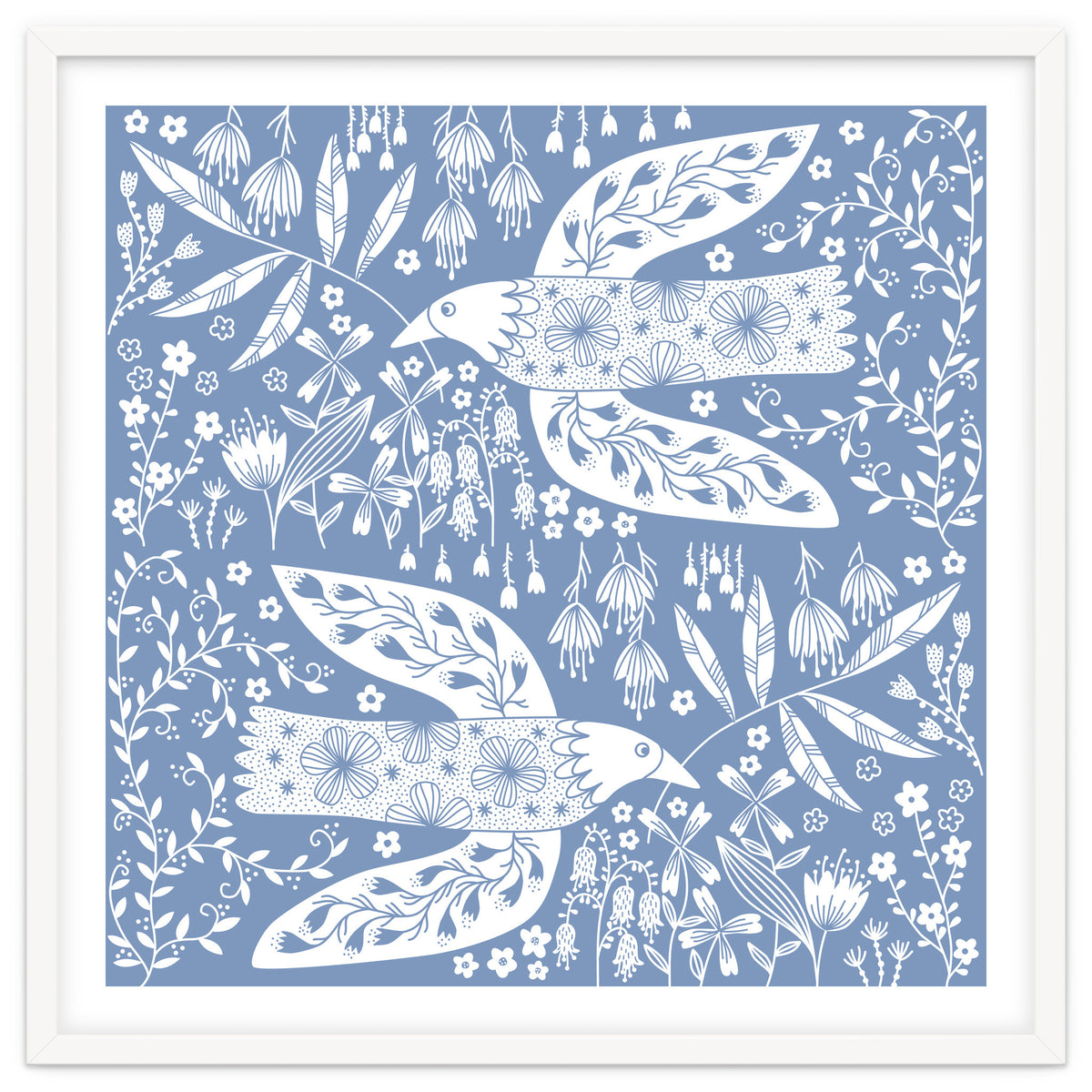 Doves And Flowers White On Blue