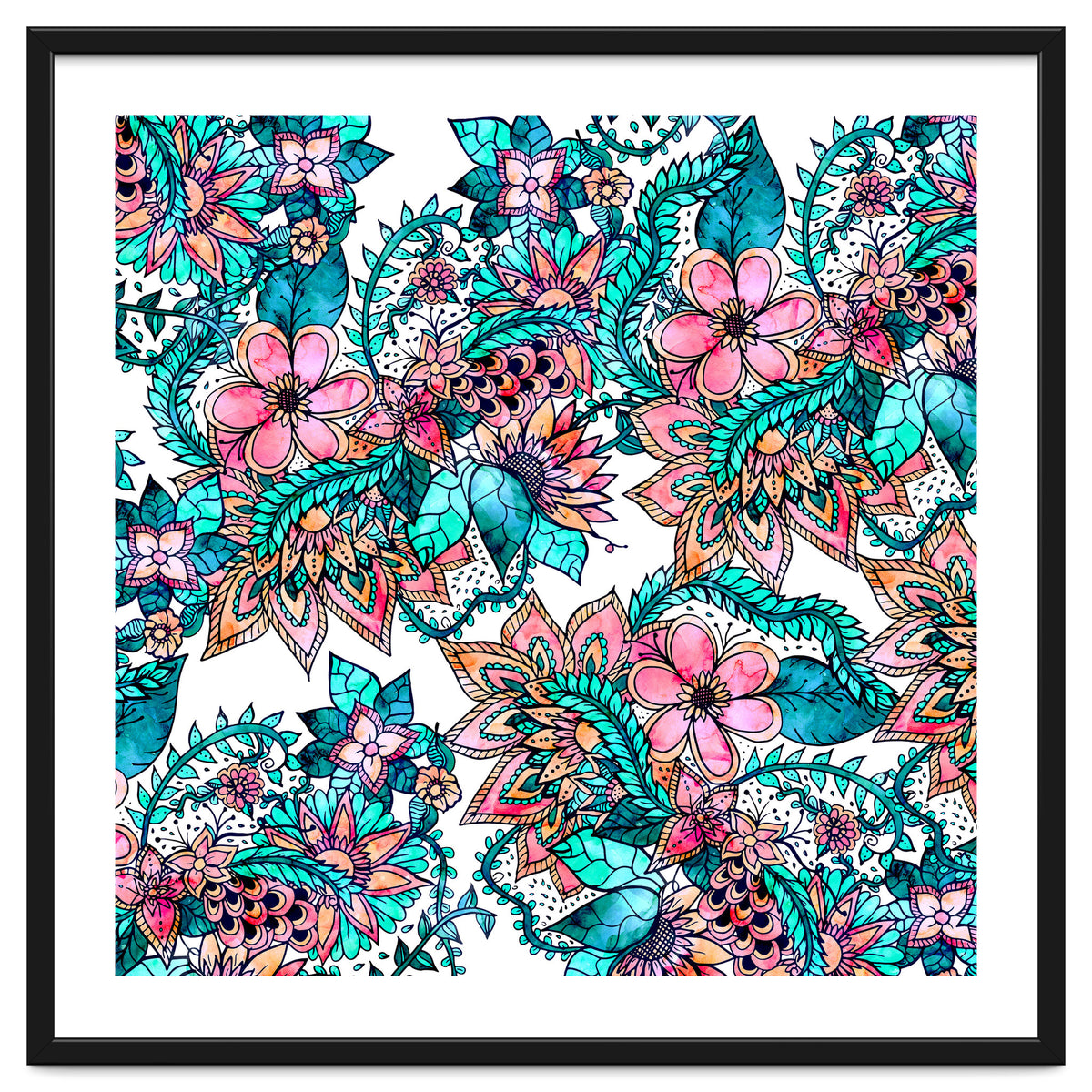 Boho turquoise pink floral watercolor illustration