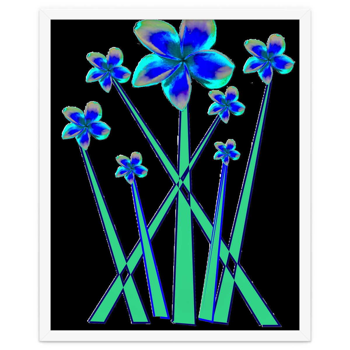 Blue flowers on black.