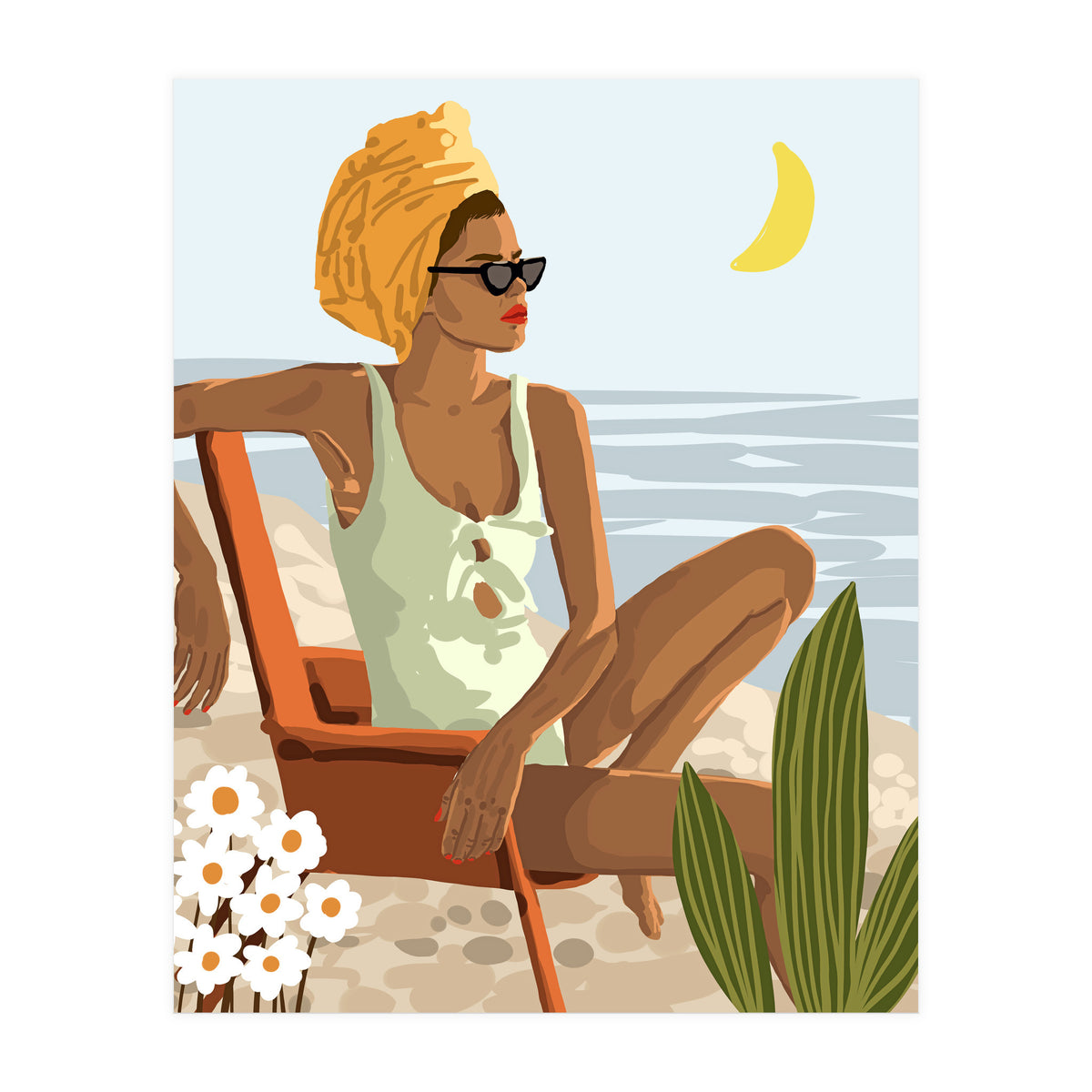 Moon Child, Beach Vacation, Black Woman Illustration Travel Ocean, Tropical Bohemian Fashion (Print Only)