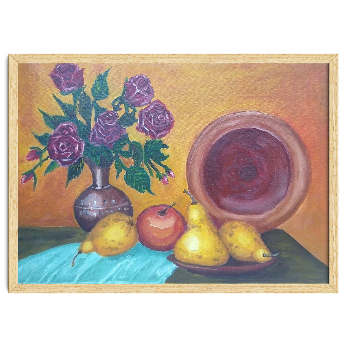 Still life with pears, roses and a dish.