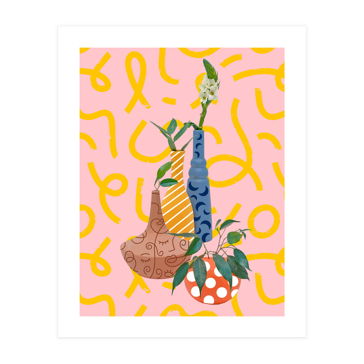 Modern Botanicals, Abstract Plant Pots, Quirky Nature Bohemian, Contemporary Decor (Print Only)