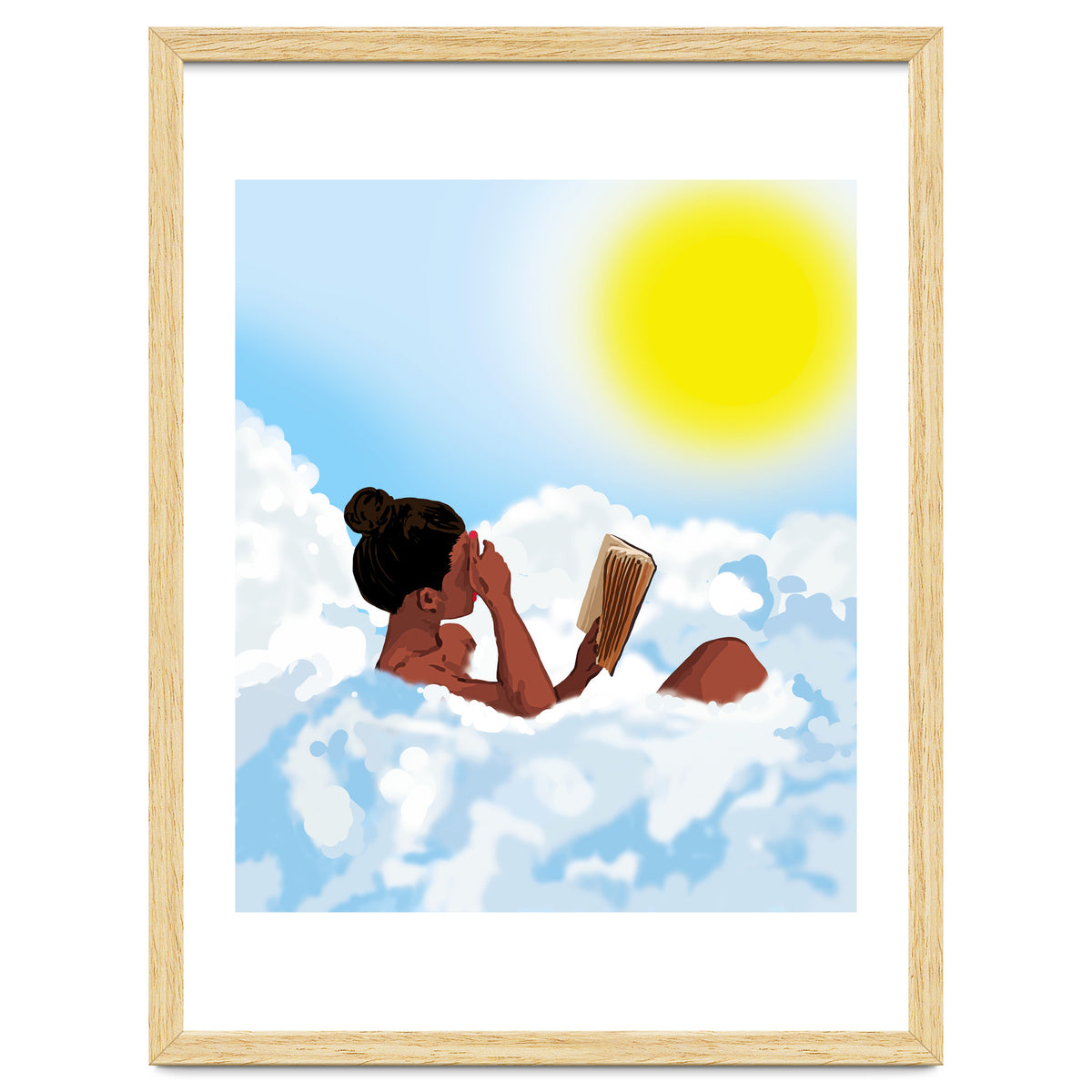 Reading on Clouds, Black Woman Summer Sunny Day Book Painting, Bohemian Nude
