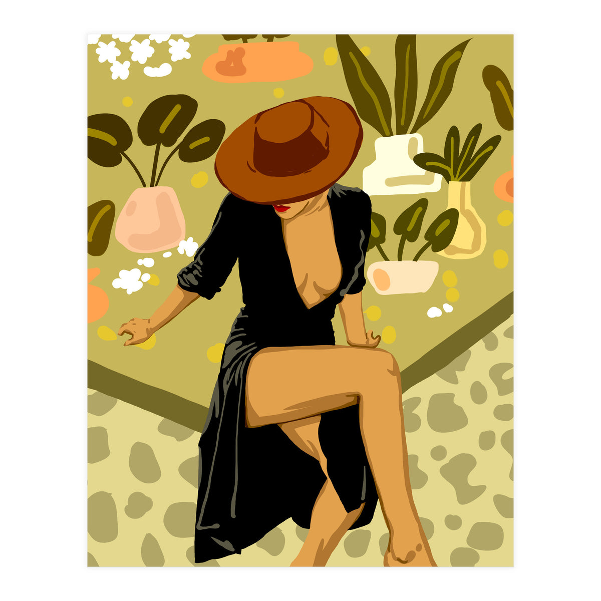 Make it Worth Their While, High Fashion Brown Woman Illustration, Plant Lady Little Black Dress (Print Only)