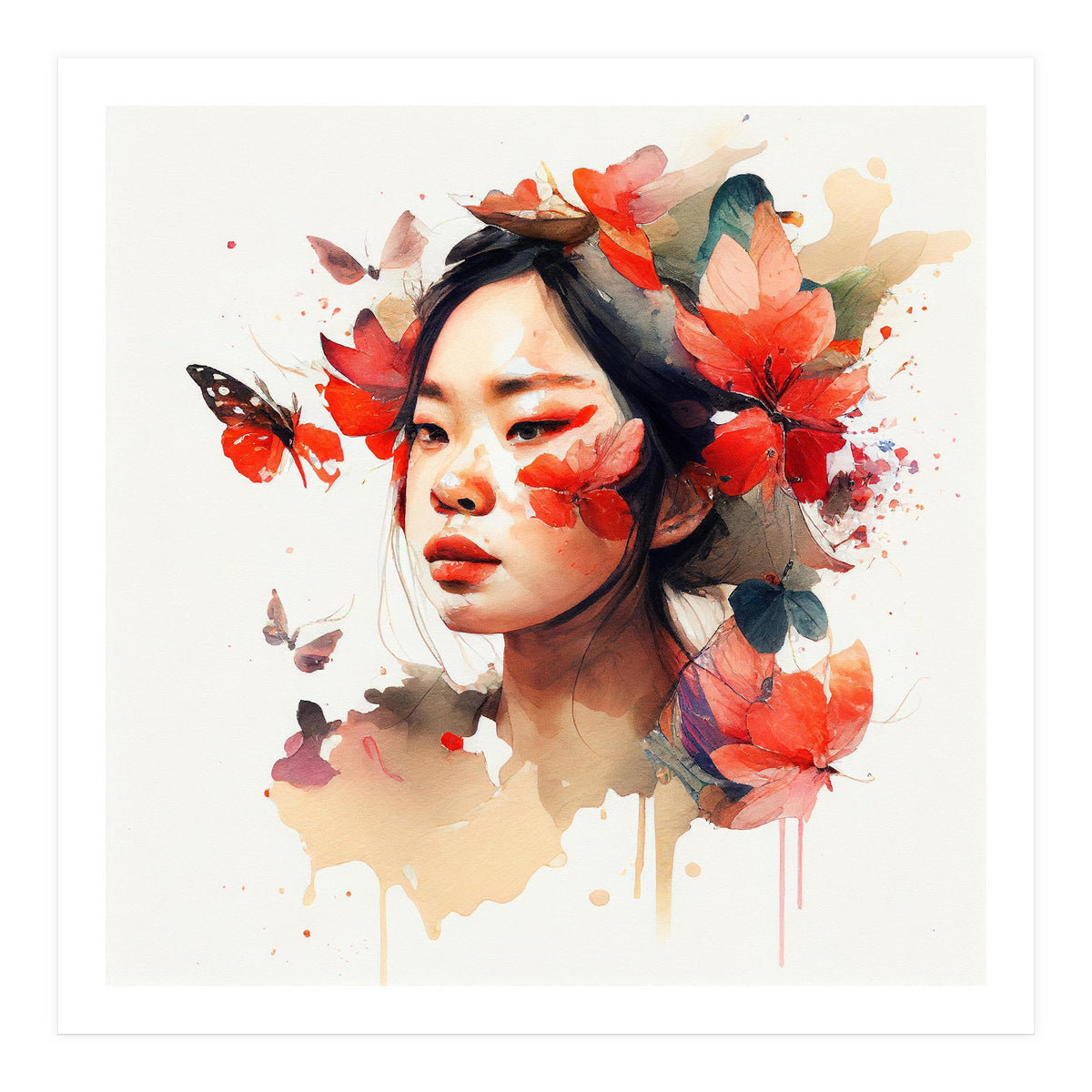Watercolor Floral Asian Woman #5 (Print Only)