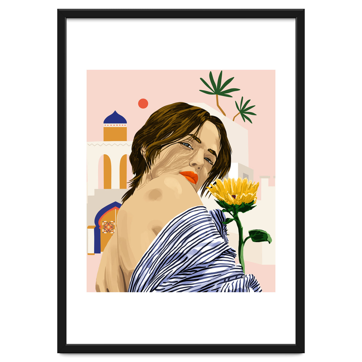 I Travel, I Become | Morocco Architecture Illustration, Bohemian Woman Tropical Sunflower Boho Palm