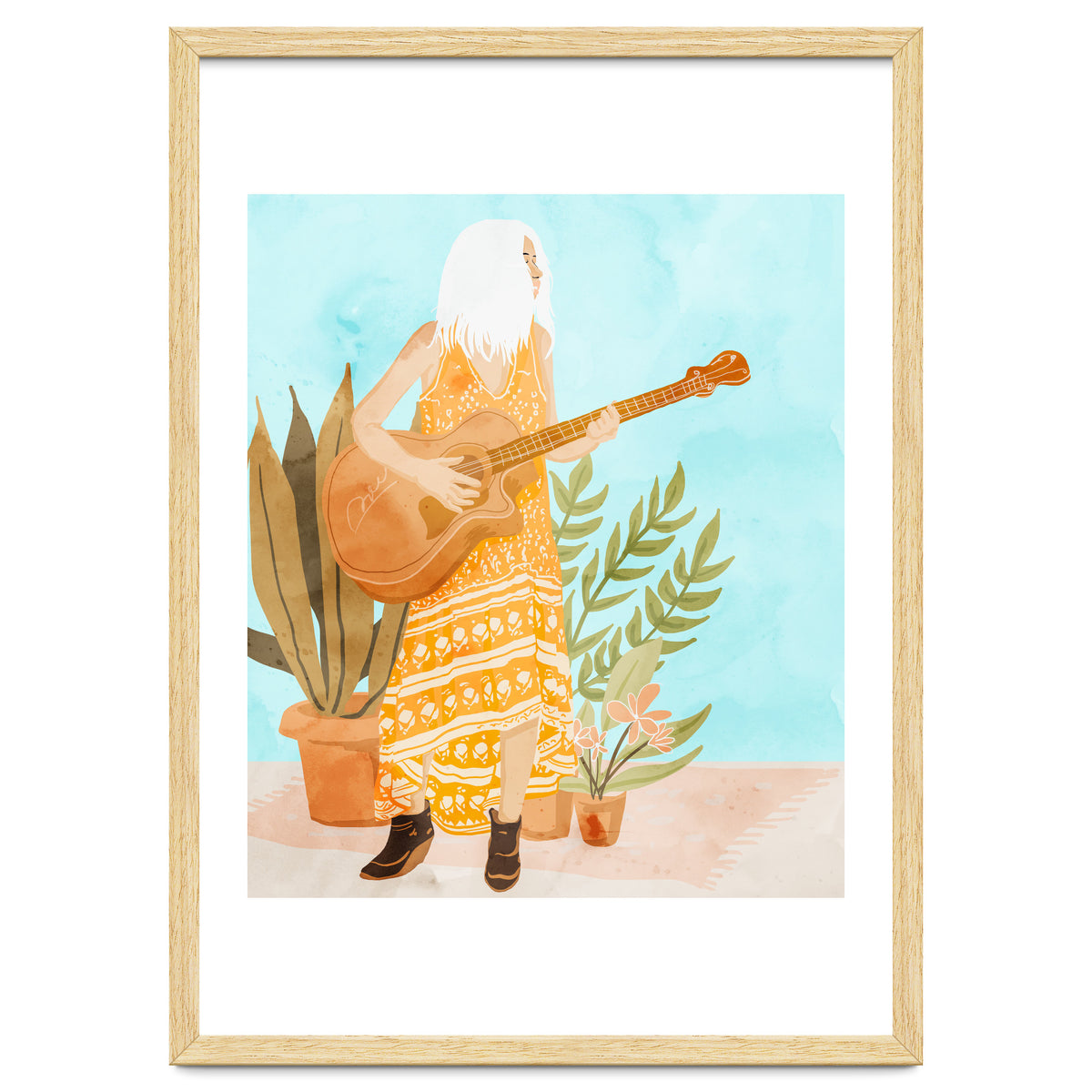 Music Soothes My Soul | Urban Hippie Bohemian Woman Playing the Guitar | Plant Lady Painting