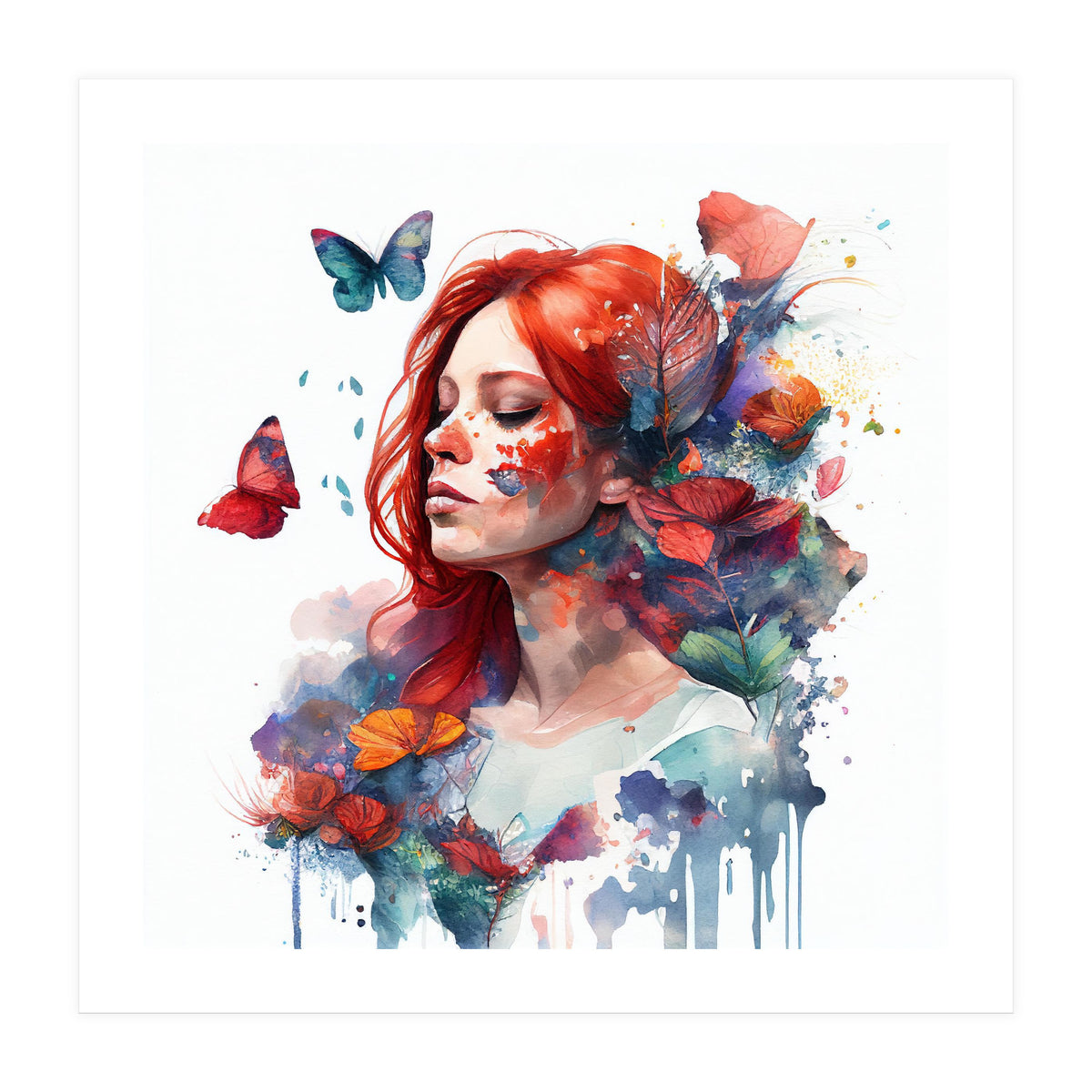 Watercolor Floral Red Hair Woman #2 (Print Only)