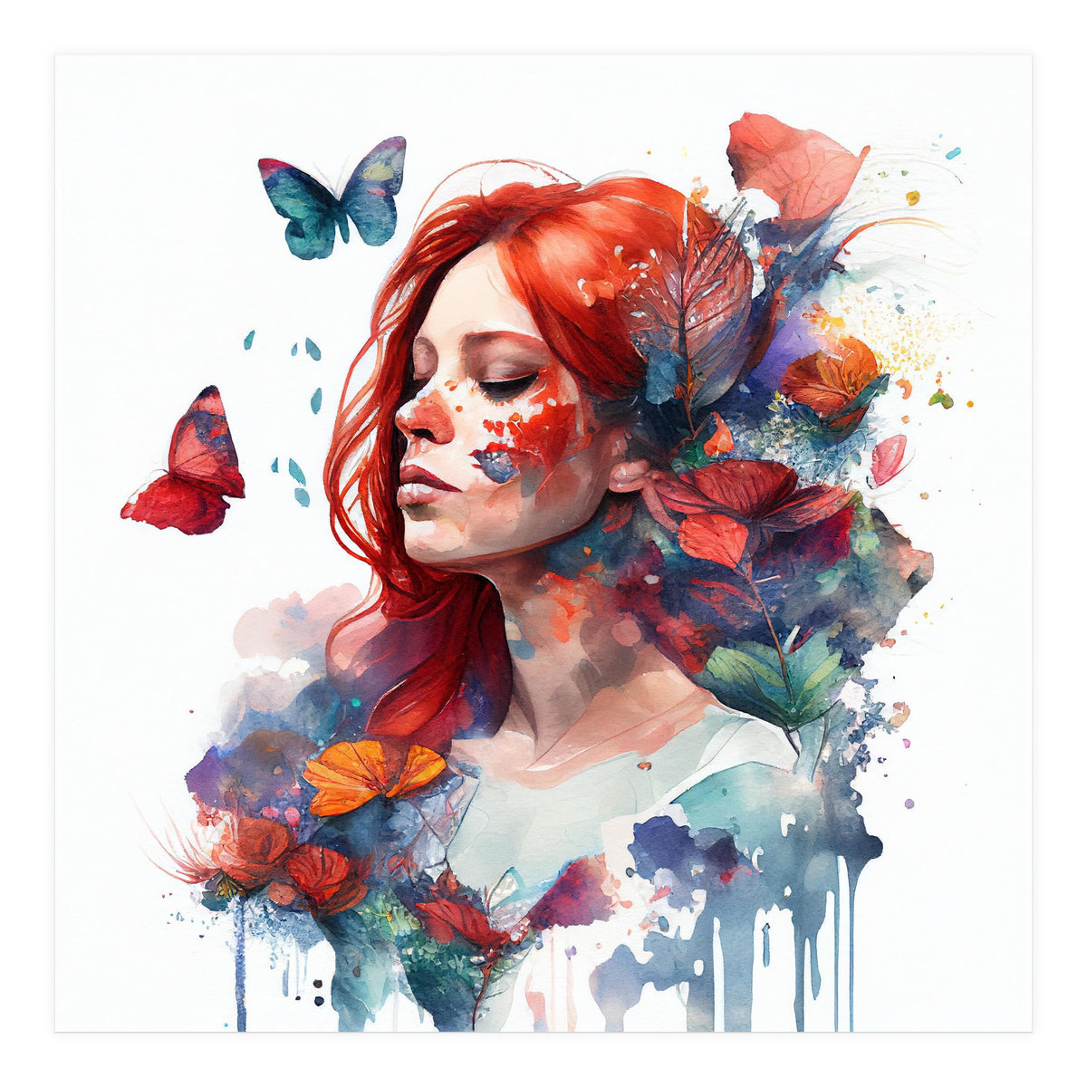 Watercolor Floral Red Hair Woman #2 (Print Only)