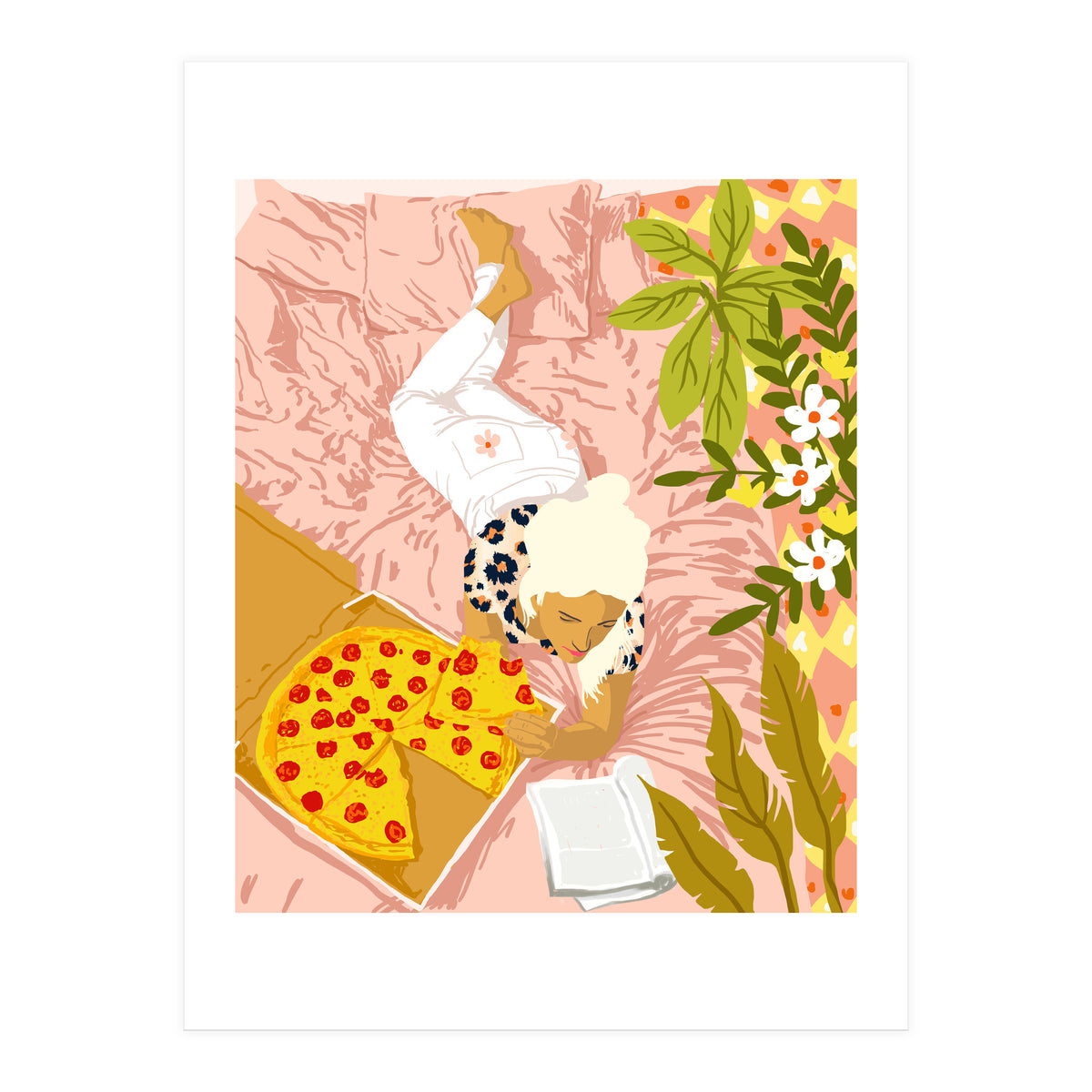 Pepperoni Pizza | Holiday Weekend Food Binge | Modern Bohemian Woman Reading in a Pastel Bedroom (Print Only)