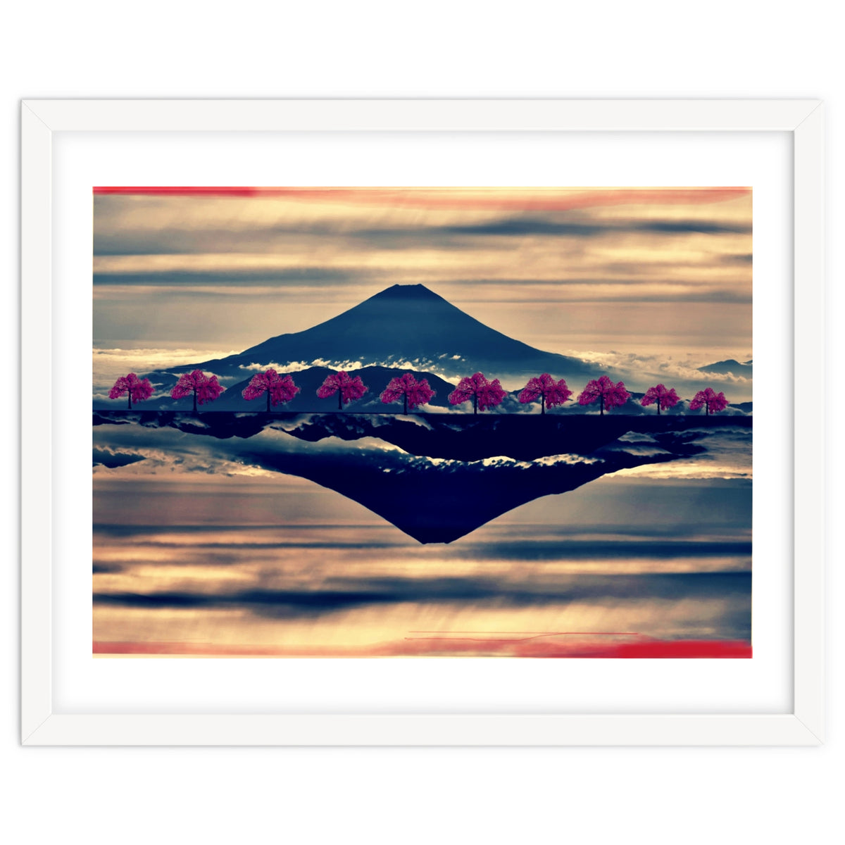 Reflection on Mount Fuji with cherry trees.