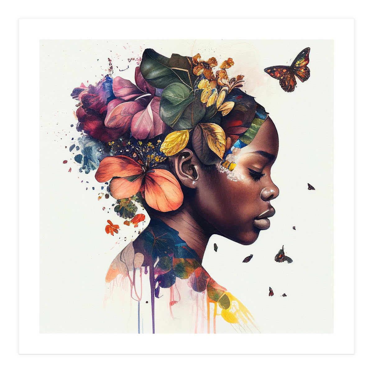 Watercolor Butterfly African Woman #10 (Print Only)