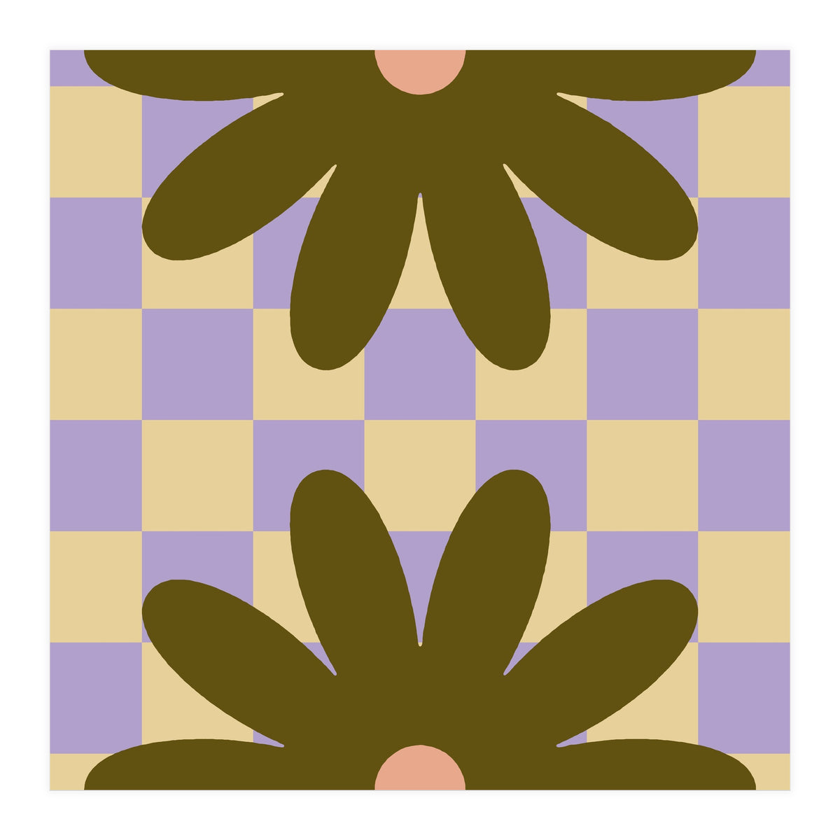 Retro Geometric Simple Flower on Checkerboard (Print Only)