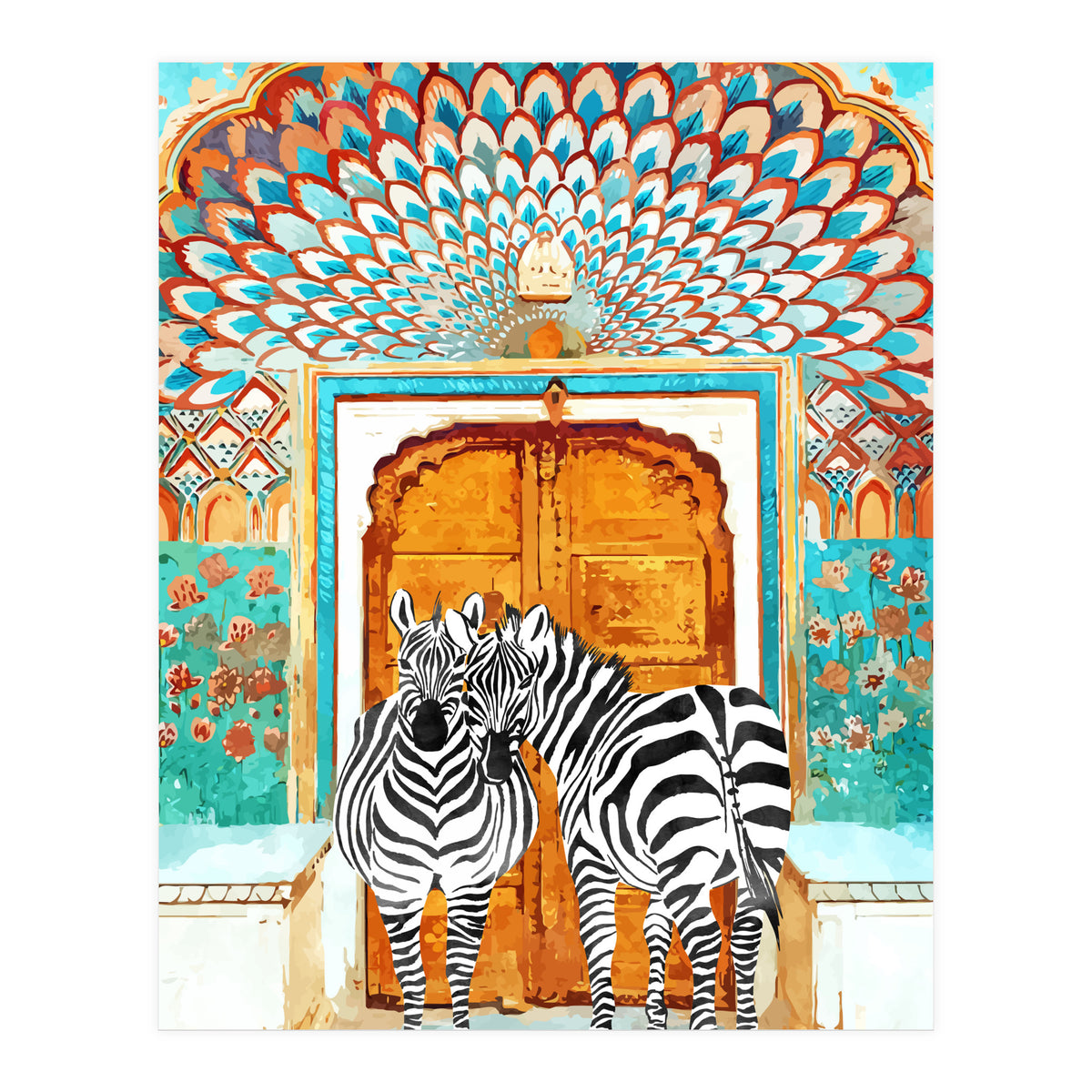 Take Your Stripes Wherever You Go Painting, Zebra Wildlife Architecture, Indian Palace Door Painting  (Print Only)