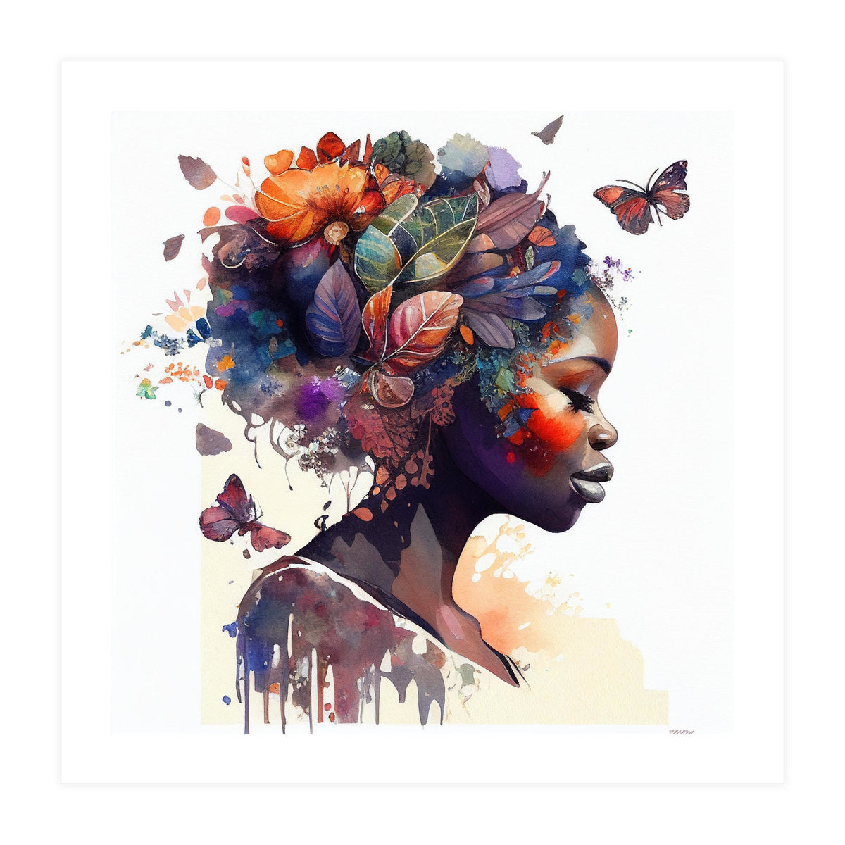 Watercolor Butterfly African Woman #9 (Print Only)