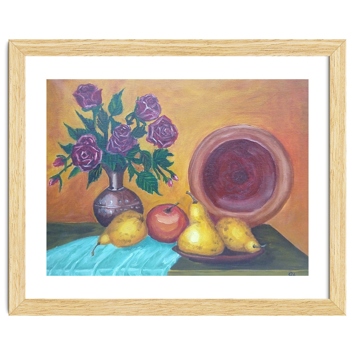 Still life with pears, roses and a dish.