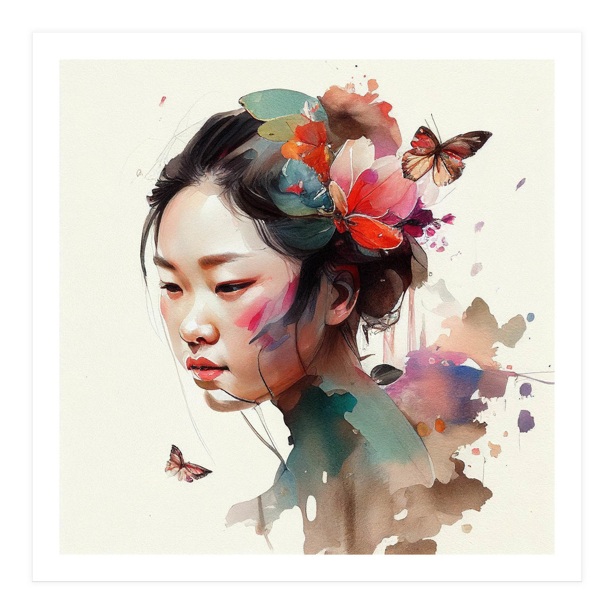 Watercolor Floral Asian Woman #4 (Print Only)