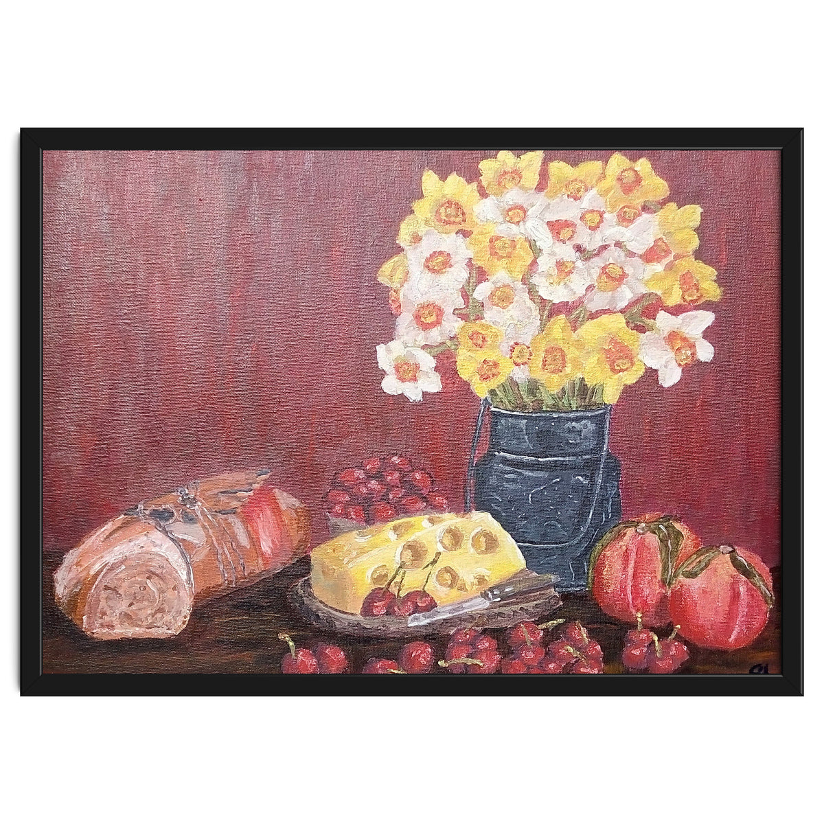 Still life with cheese, daffodils on a red background.