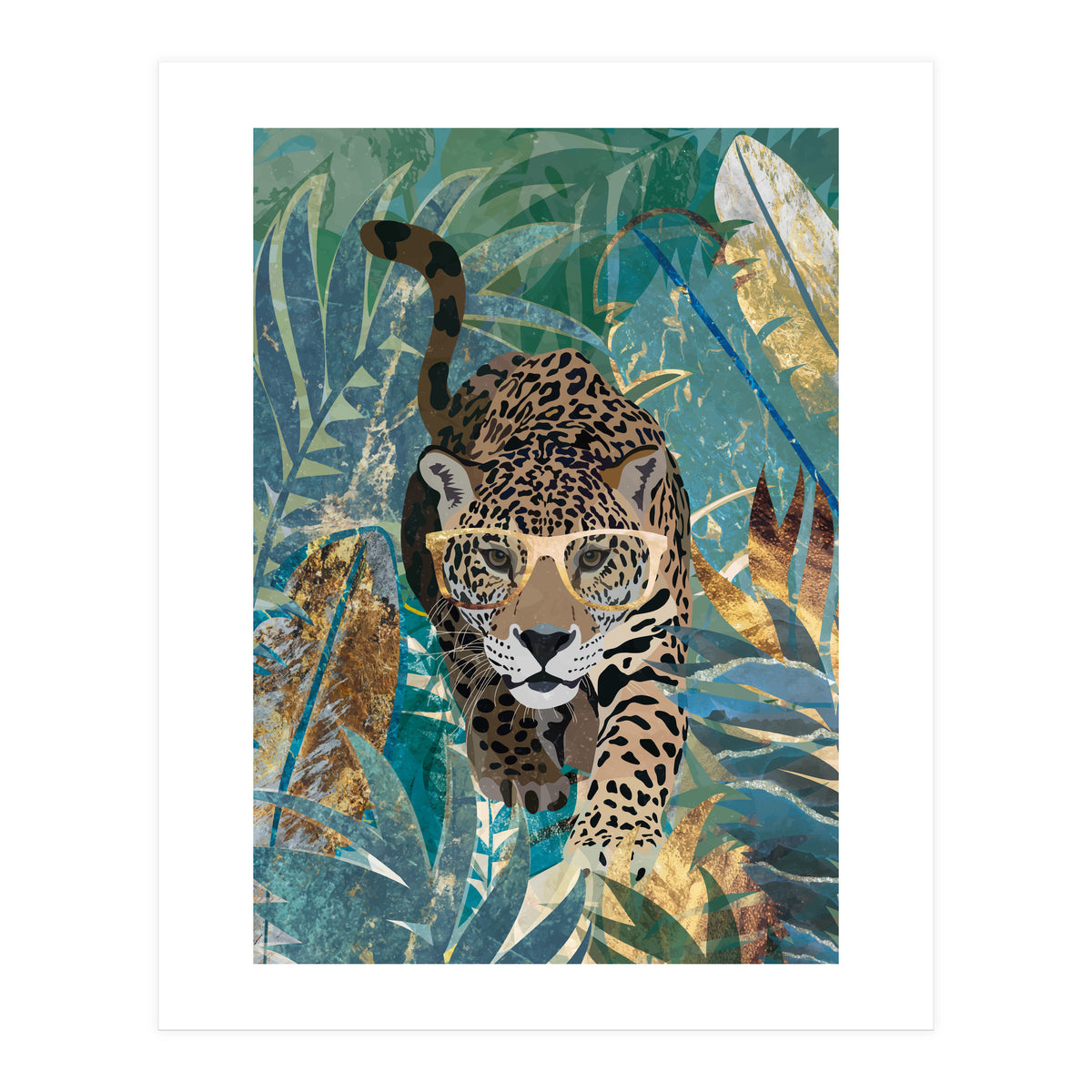 Jaguar in the gold and green tropical jungle (Print Only)