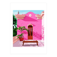 Pink Building Architecture | Pop Art Travel House Painting | Modern Bohemian Décor Spain Palace (Print Only)