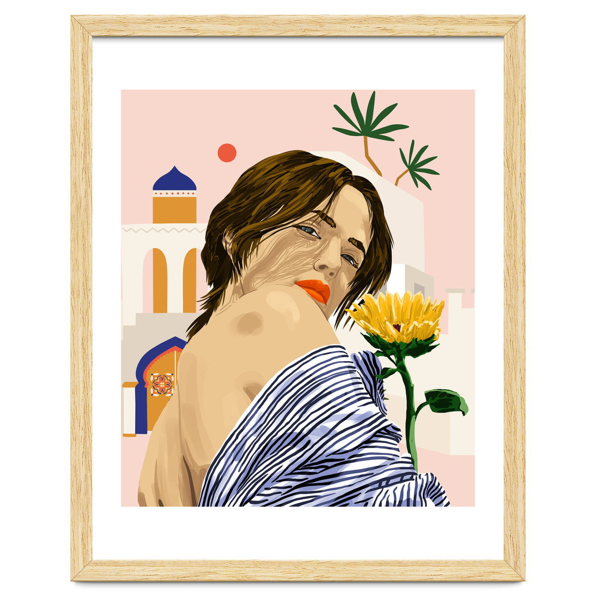 I Travel, I Become | Morocco Architecture Illustration, Bohemian Woman Tropical Sunflower Boho Palm