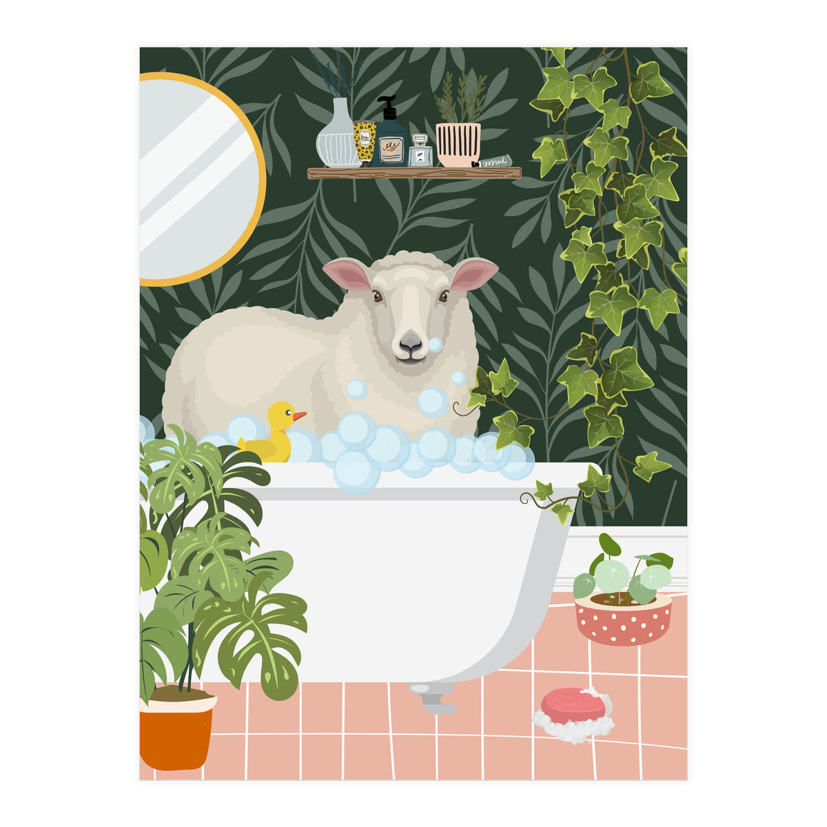 Sheep in Botanical Bathroom (Print Only)