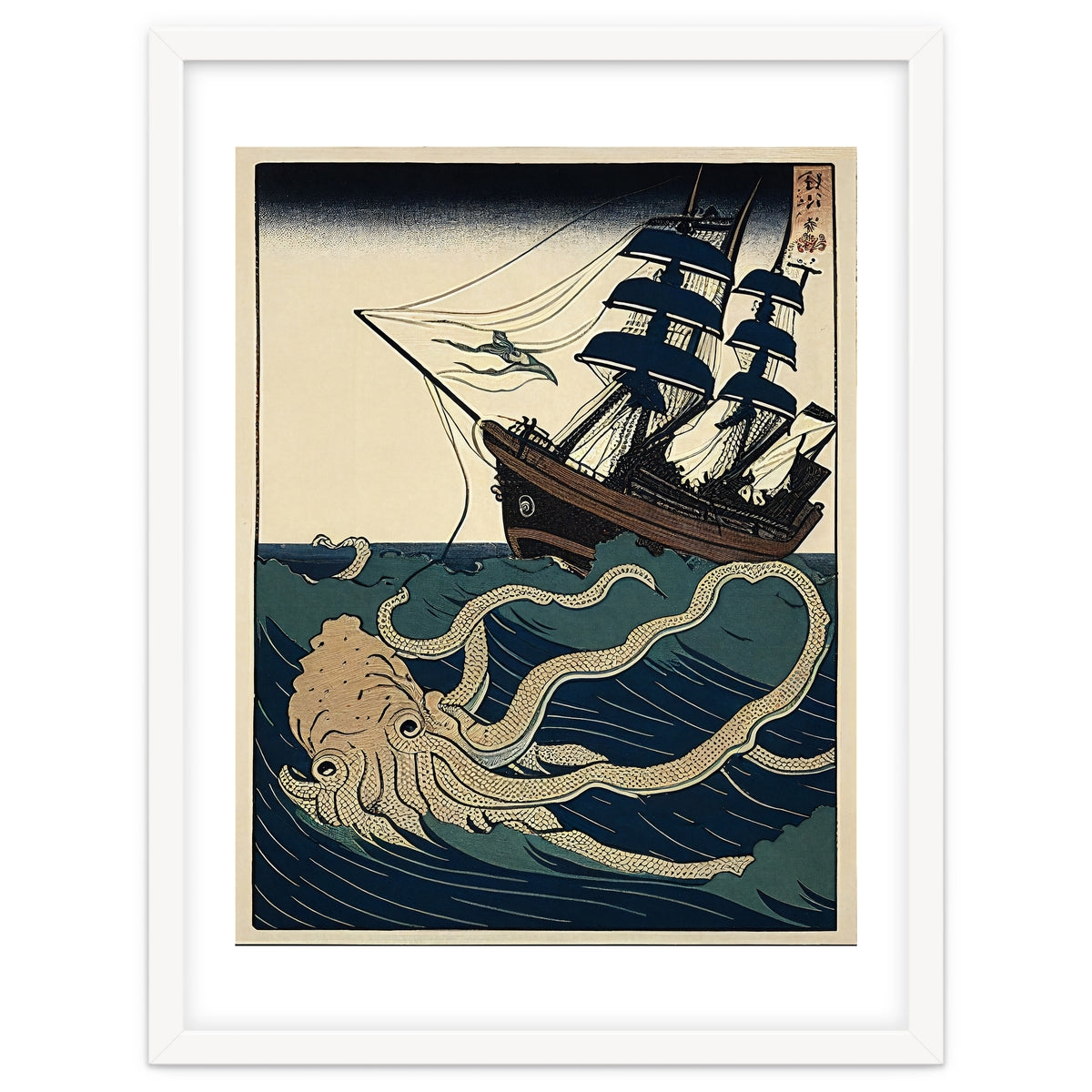 Giant Squid Attacking Ship Japanese Woodblock Print