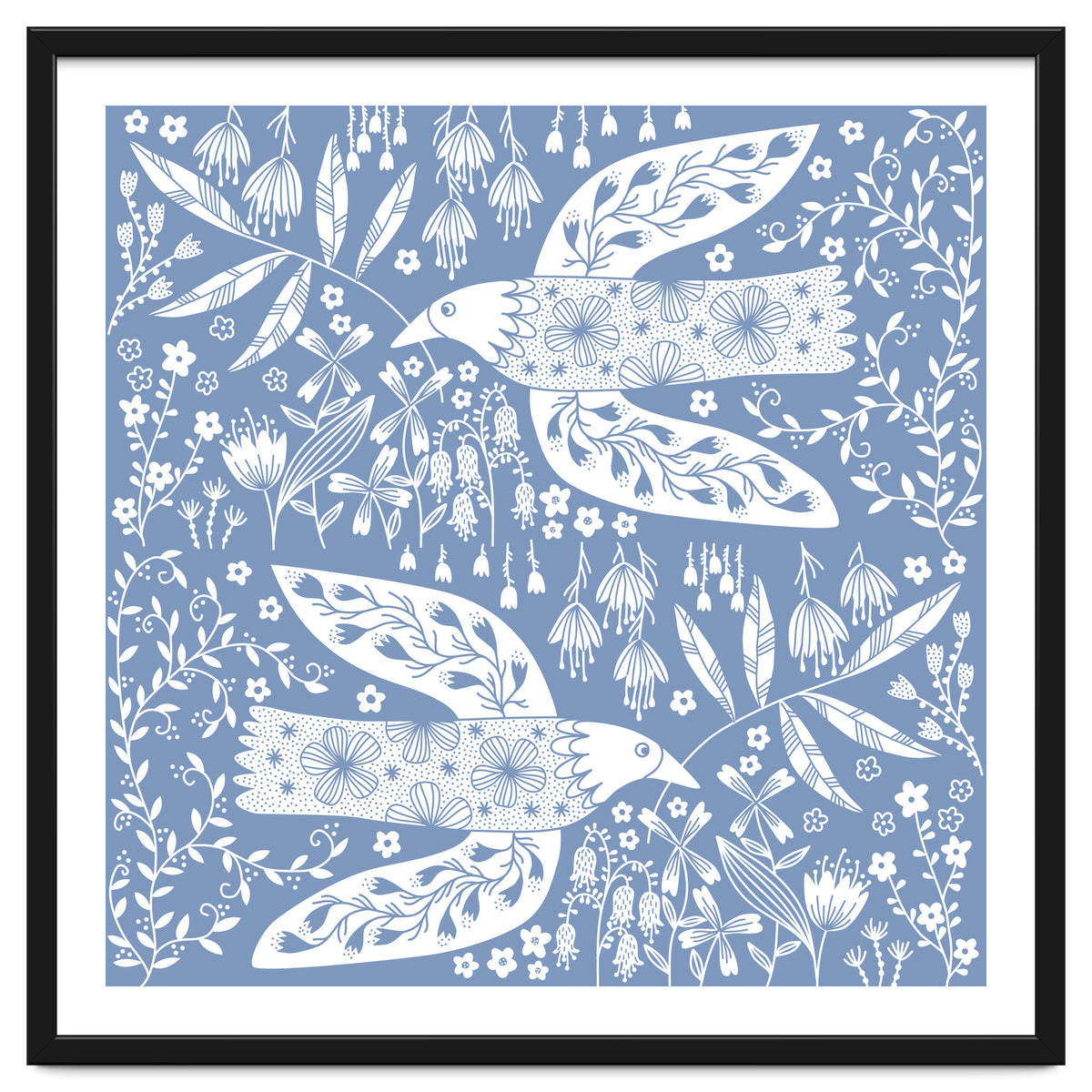 Doves And Flowers White On Blue