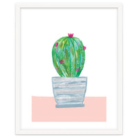 Painted Cactus In Blue Stripe Plant Pot