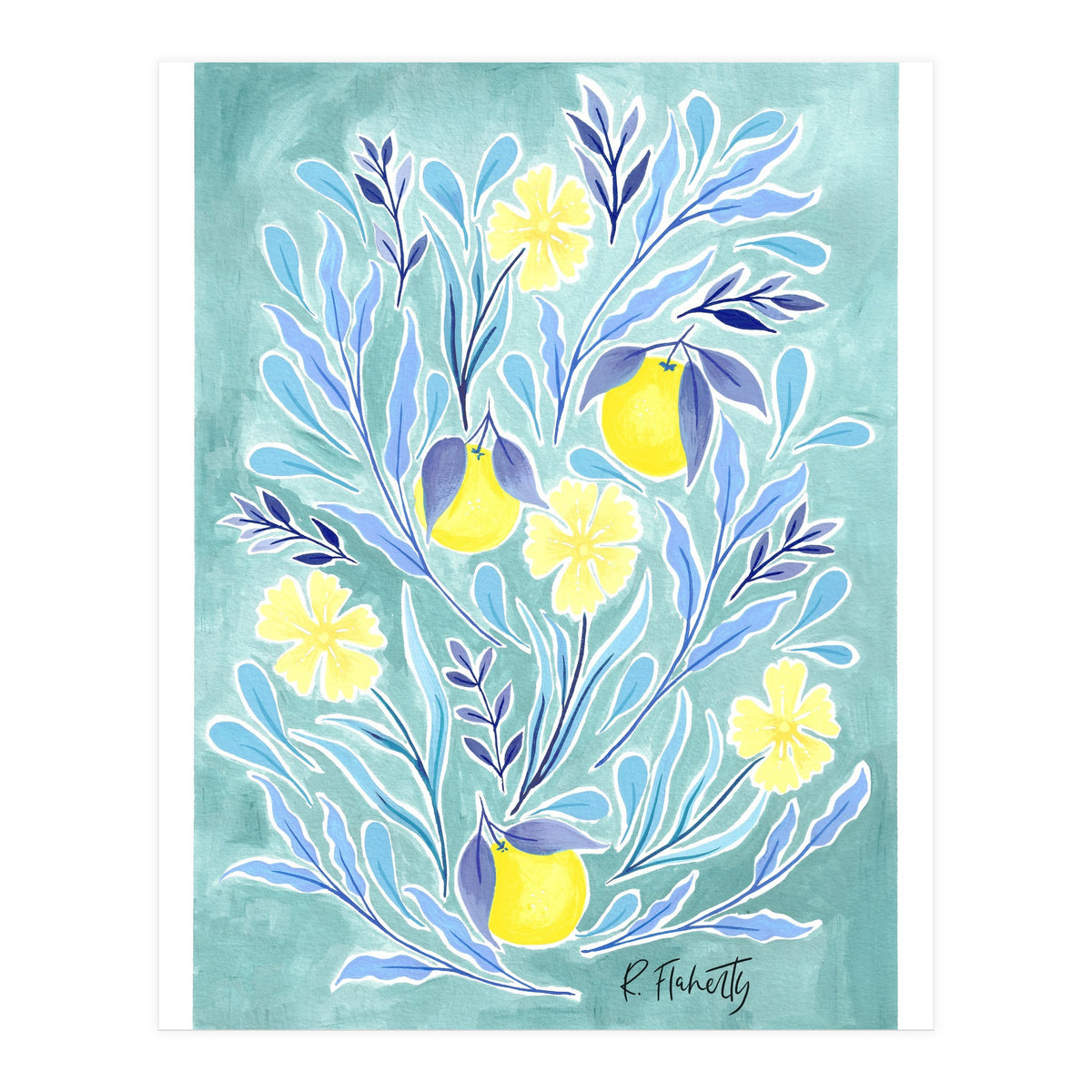 Wild Orange Floral | Lemon & Duck Egg Blue (Print Only)