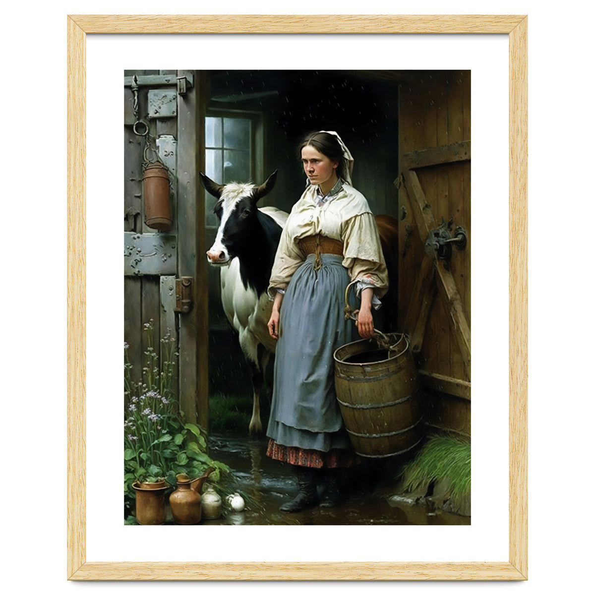 Farm Girl and Cow in Barn Oil Painting