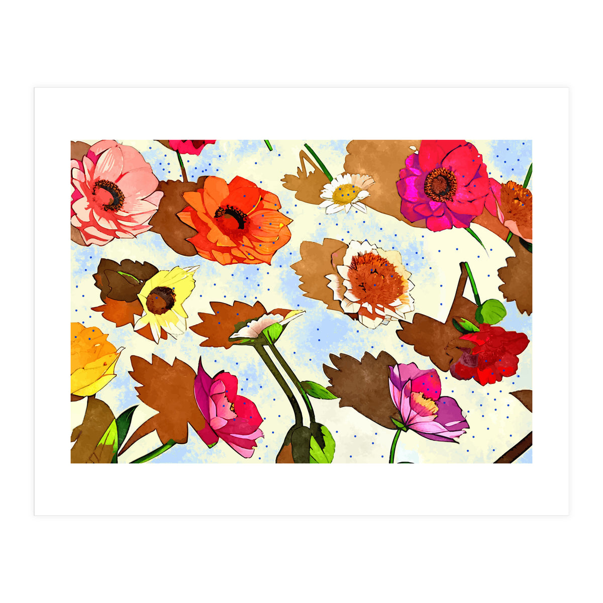 Floral Soul, Botanical Vintage Nature Plants, Polka Dots Flowers Blossom, Mid Century Modern Bohemian Painting (Print Only)