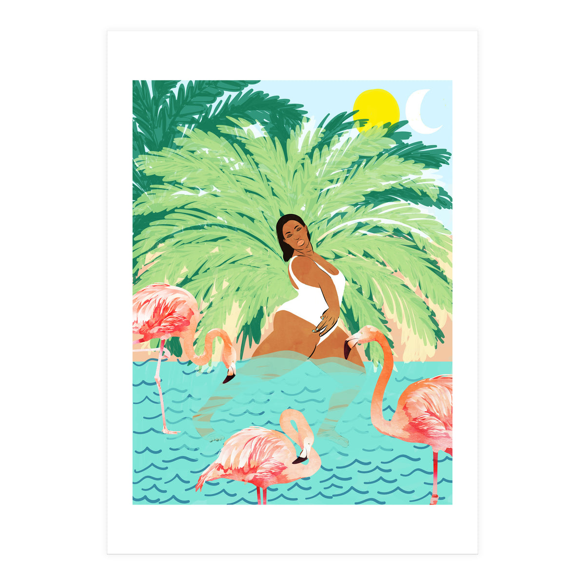 Tropical Summer Water Yoga with Palm & Flamingos | Woman of Color Black Woman Body Positivity (Print Only)