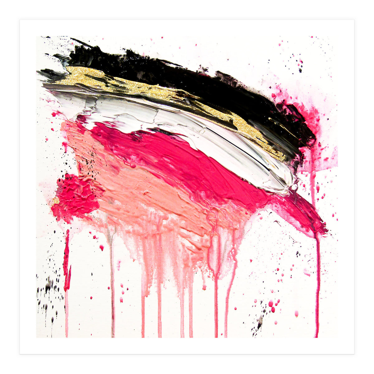 Modern Abstract Pink Black Gold Brushstrokes Splatters Acrylic (Print Only)